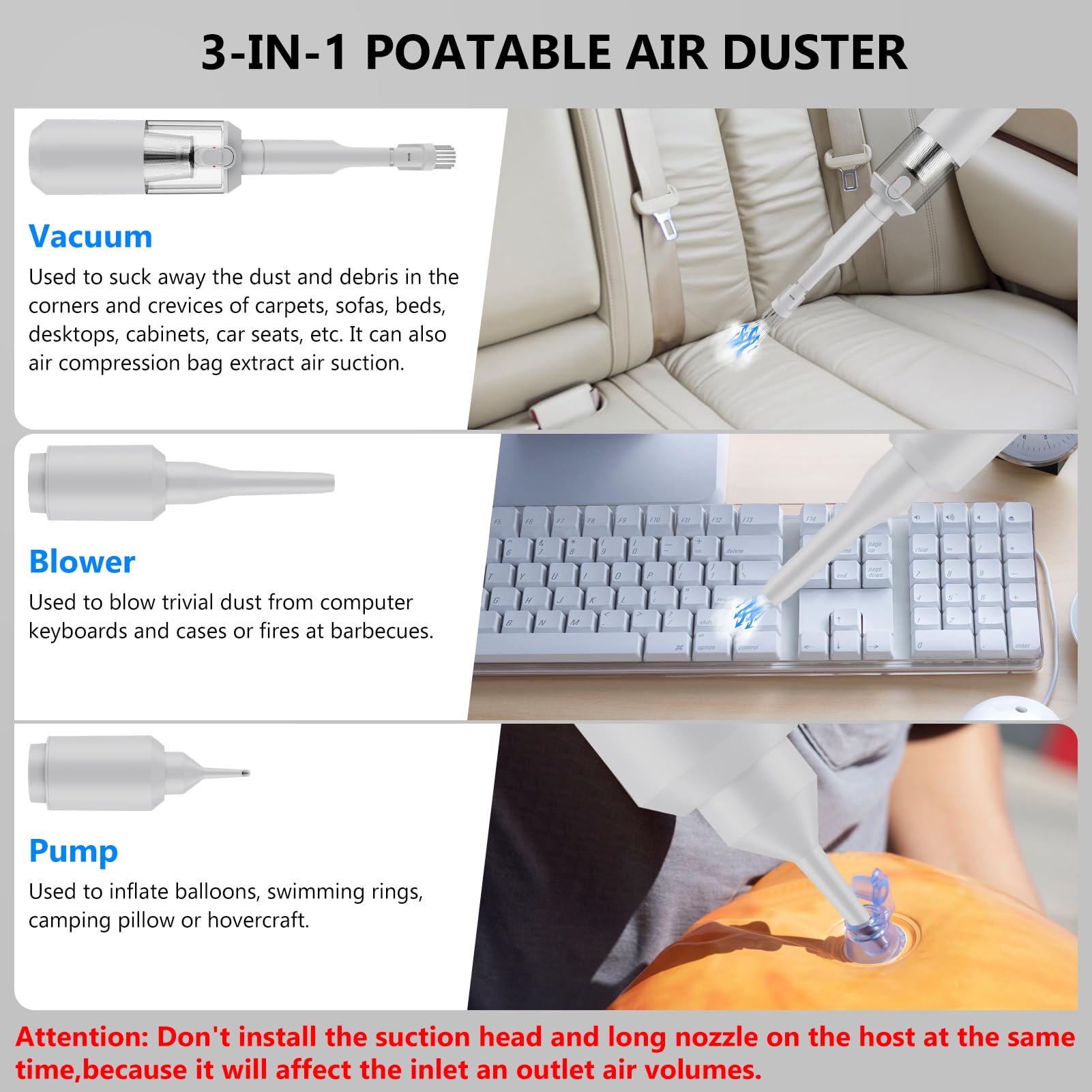 Tkkich Handheld Car Vacuum Cleaner 16000PA Vacuum Cleaner and Air Duster Portable High Power Cordless Multi-Nozzles for Car, Hom