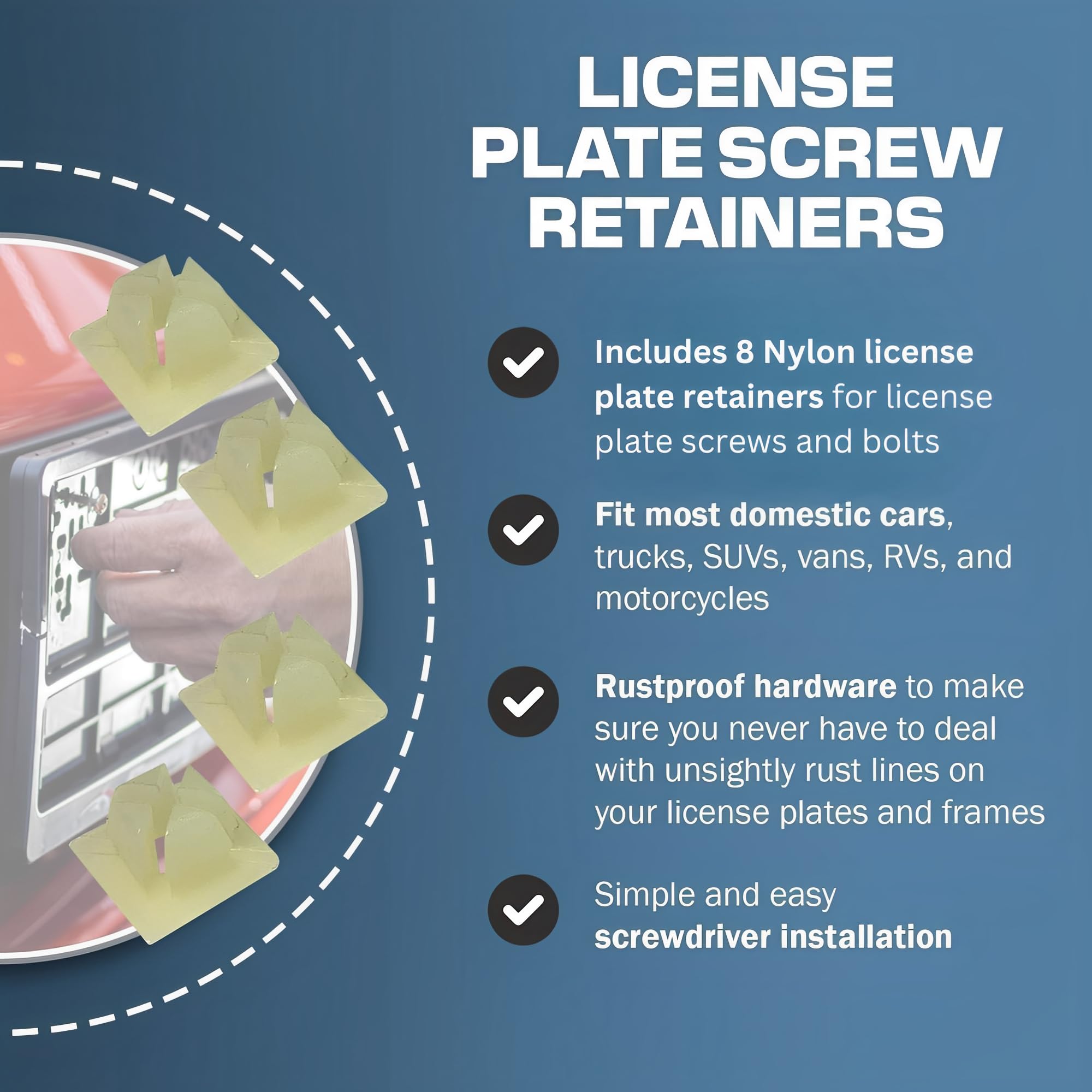 License Plate Screw Inserts - Set Of 8 Nylon Retaining Nuts For License Plate Screws - Front And Back License Plate Nut Bracket