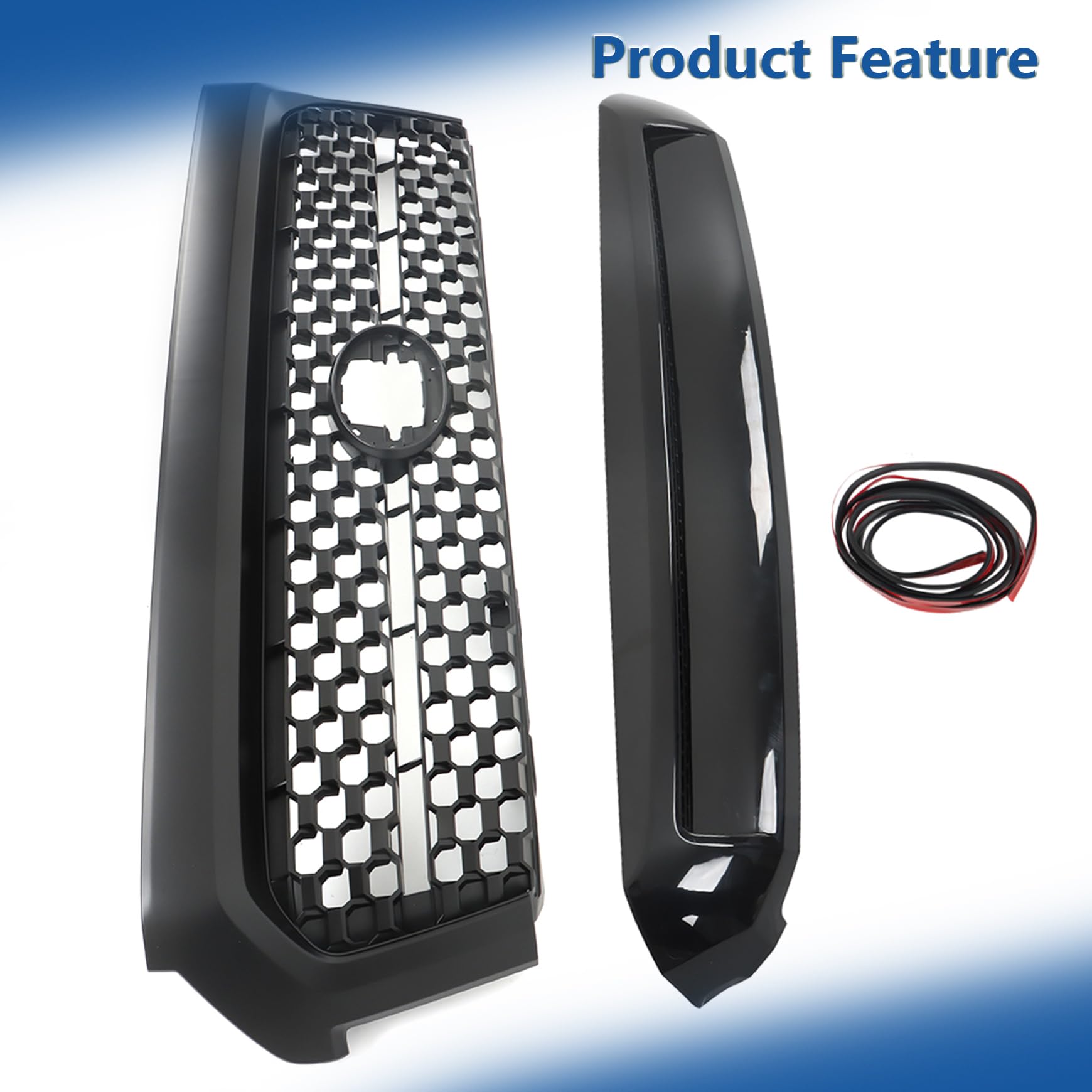 Silscvtt Front Bumper Grille Matte Black and Hood Bulge Molding Glossy Black Honeycomb Style Replacement for Toyota Tundra 2014-