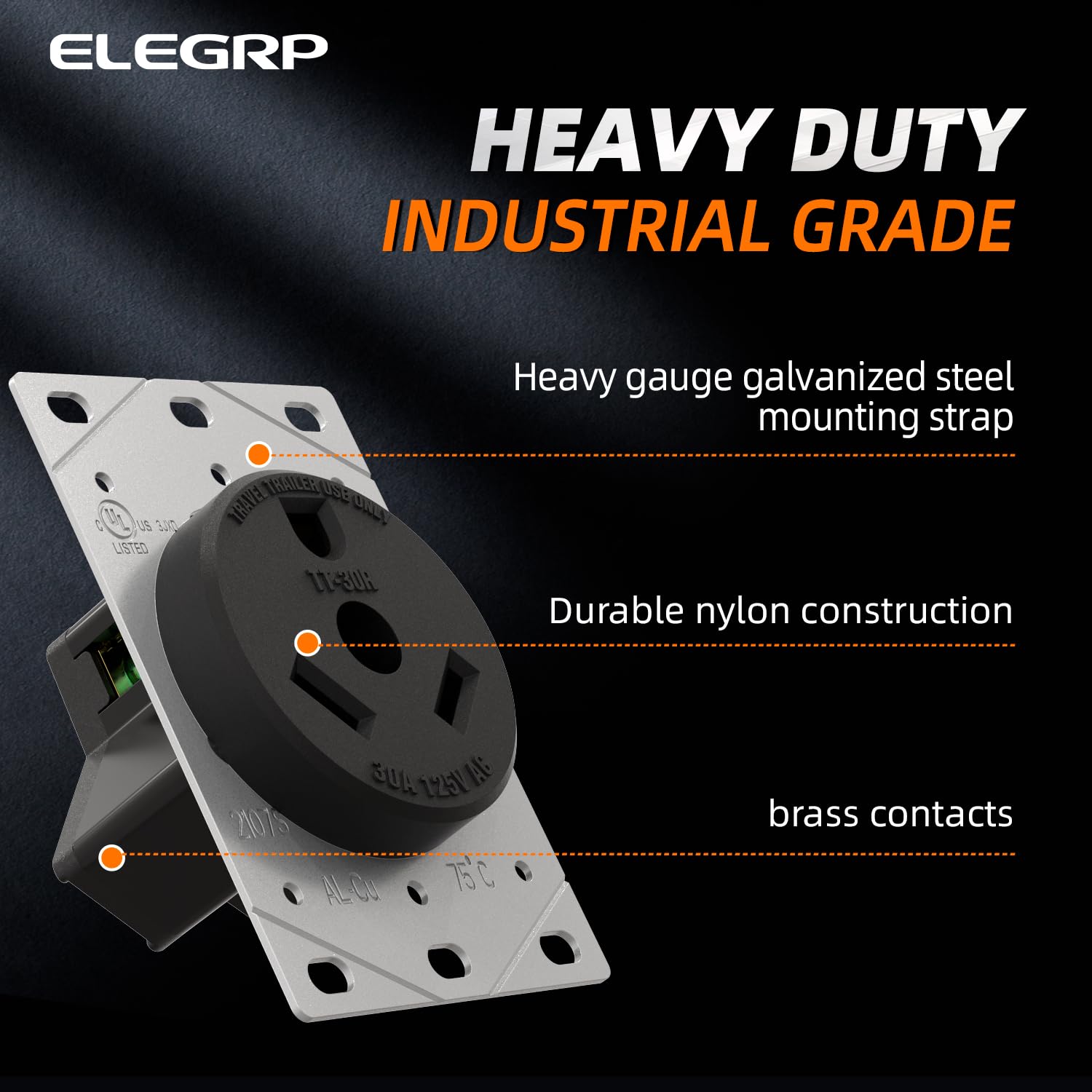 Elegrp 30 Amps Rv Receptacle, Flush Mounting Power Outlet, Nema Tt-30R 125V, Electrical Straight Blade Receptacle For Rv And Travel Trailers, Heavy Duty, Grounding, 2 Pole 3 Wire, Ul Listed, 1 Pack
