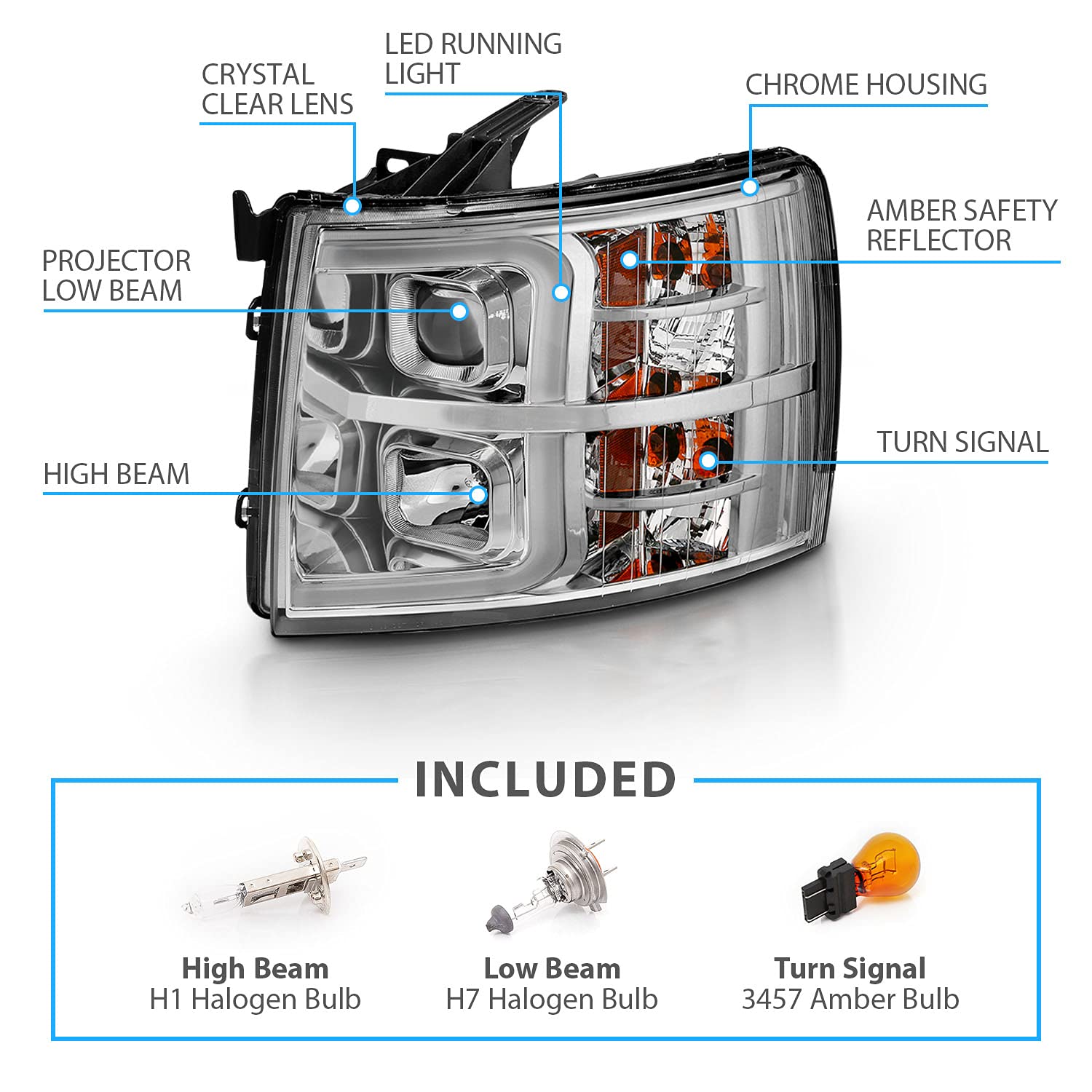 Amerilite For 2007-2013 Chevy Silverado 1500/07-14 Silverado 2500Hd 3500Hd Led, Halogen, Tube Quad Projector Chrome Car Headligh