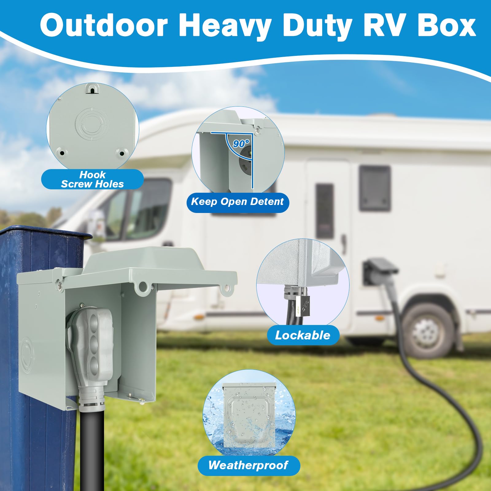 Bebobly 30 Amp Rv Power Outlet Box, 125 Volt Nema Tt-30R Receptacle, Lockable Enclosed Outdoor Plug, Electrical Receptacle Panel