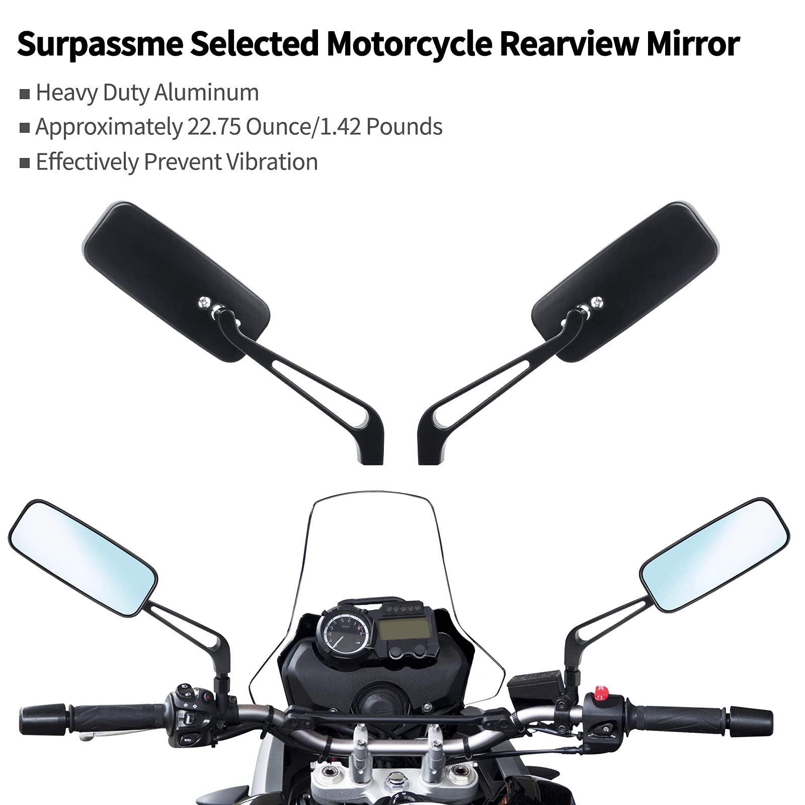 Surpassme 8Mm/10Mm Black Rectangle Motorcycle Bobber Mirrors Blue Mirror Reducing Glare Motorcycle Rear View Mirrors