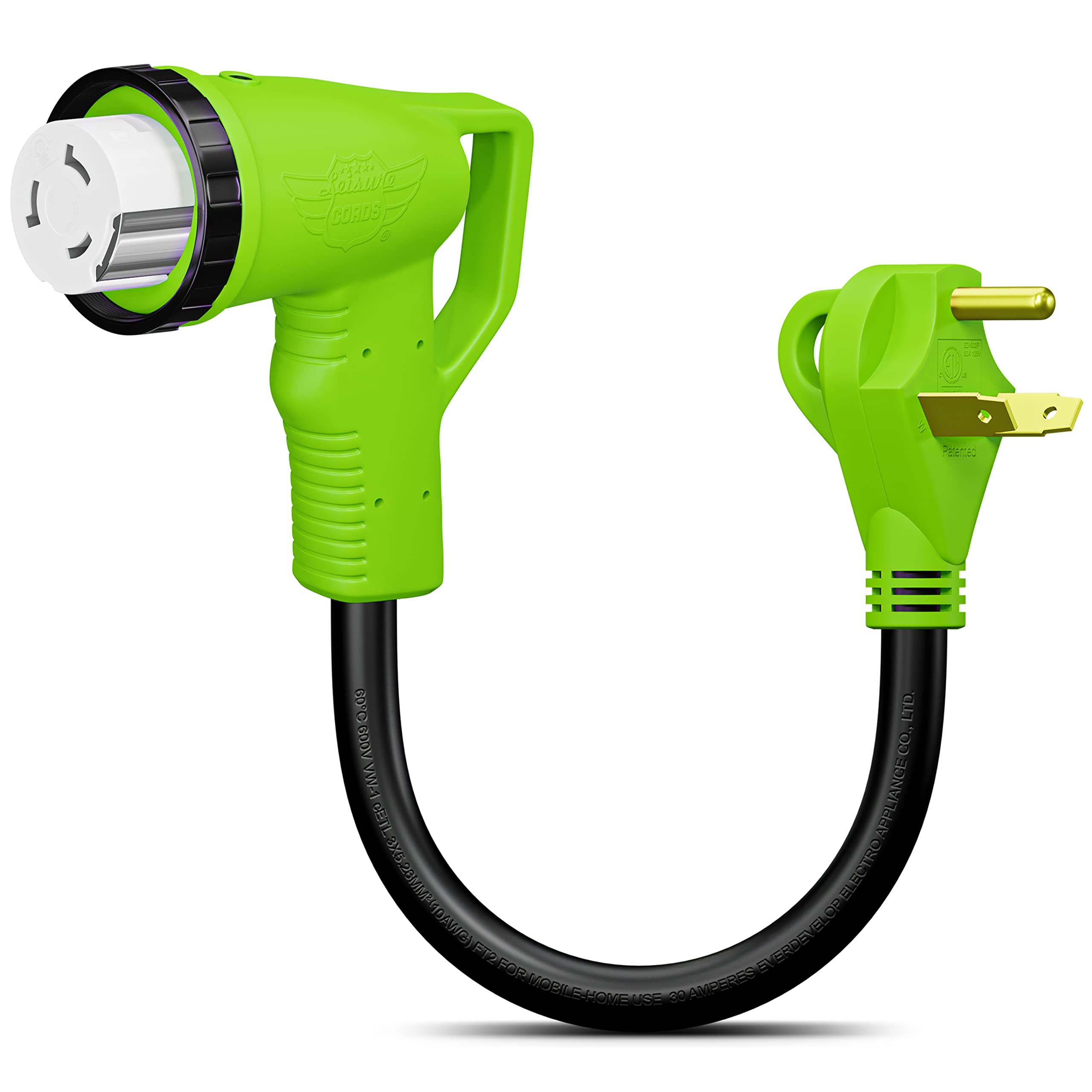 Leisure Cords 12 90-Degree Dogbone RV Adapter 30 Amp Male and 50 Amp Female with Twist Lock and LED Power Indicator (30 Amp Male