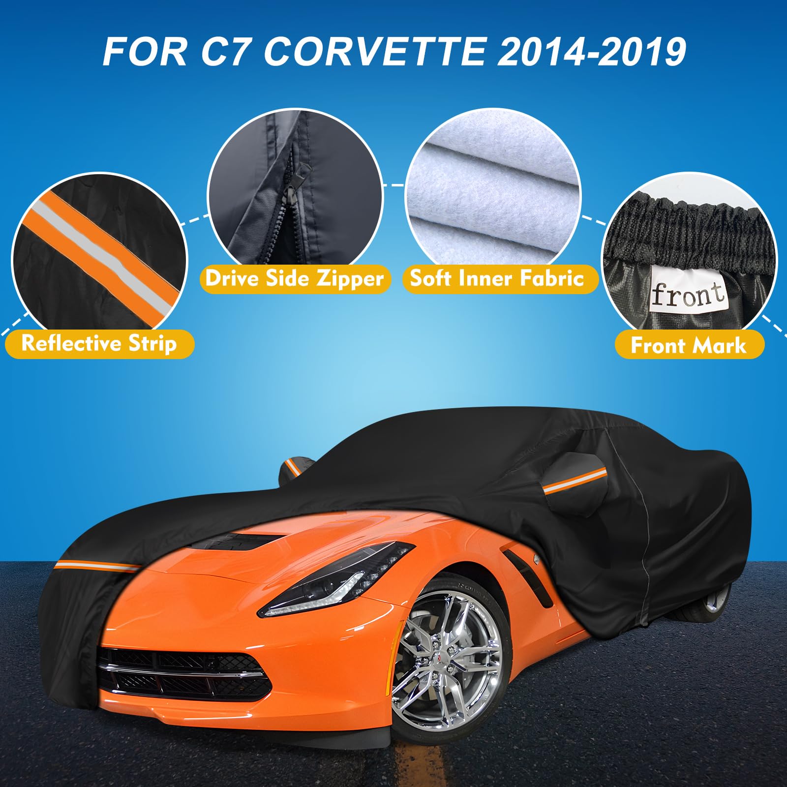 QUNSUNUS Waterproof Car Cover for C7 Corvette 2014-2019, Outdoor Car Covers with Zipper, All Weather Full Exterior Cover with St