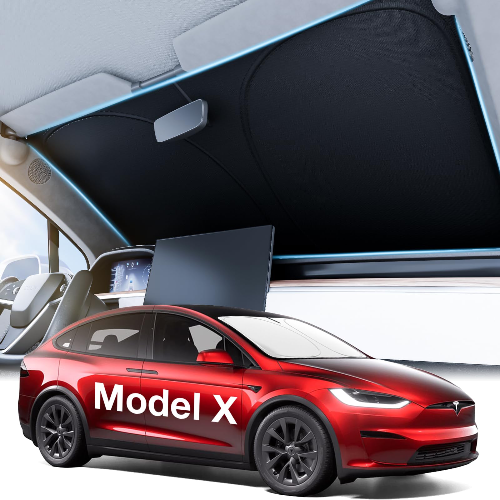 2025 Upgraded Accessories Tesla Model X Windshield Sunshade [Ice Shield Tech Fabric, 100% Sun Blockage], Foldable Heat Insulatio
