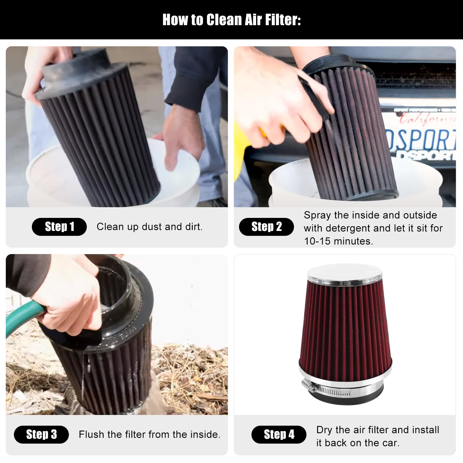 RYANSTAR RACING 89mm 3.5'' High Flow Round Tapered Cone Closed-Top Washable Clamp-On Dry Air Filter Narrow