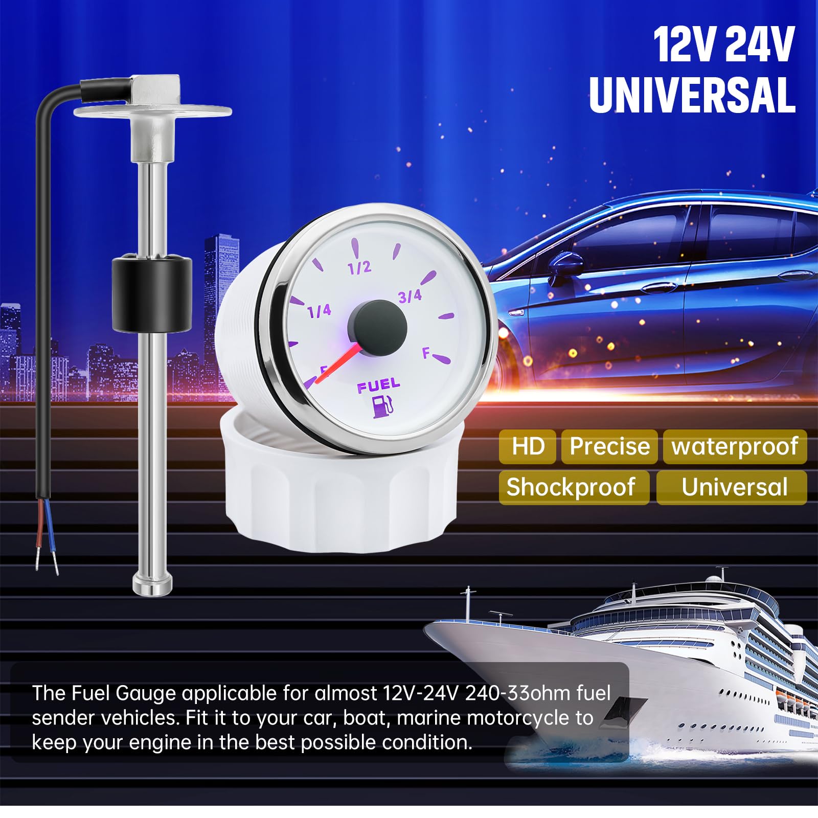 ARTILAURA Fuel Sending Unit and Gauge Kit, 240-33ohms 10'' (250mm) Boat Marine Fuel Tank Sender Stainless Steel Gas Sensor for C