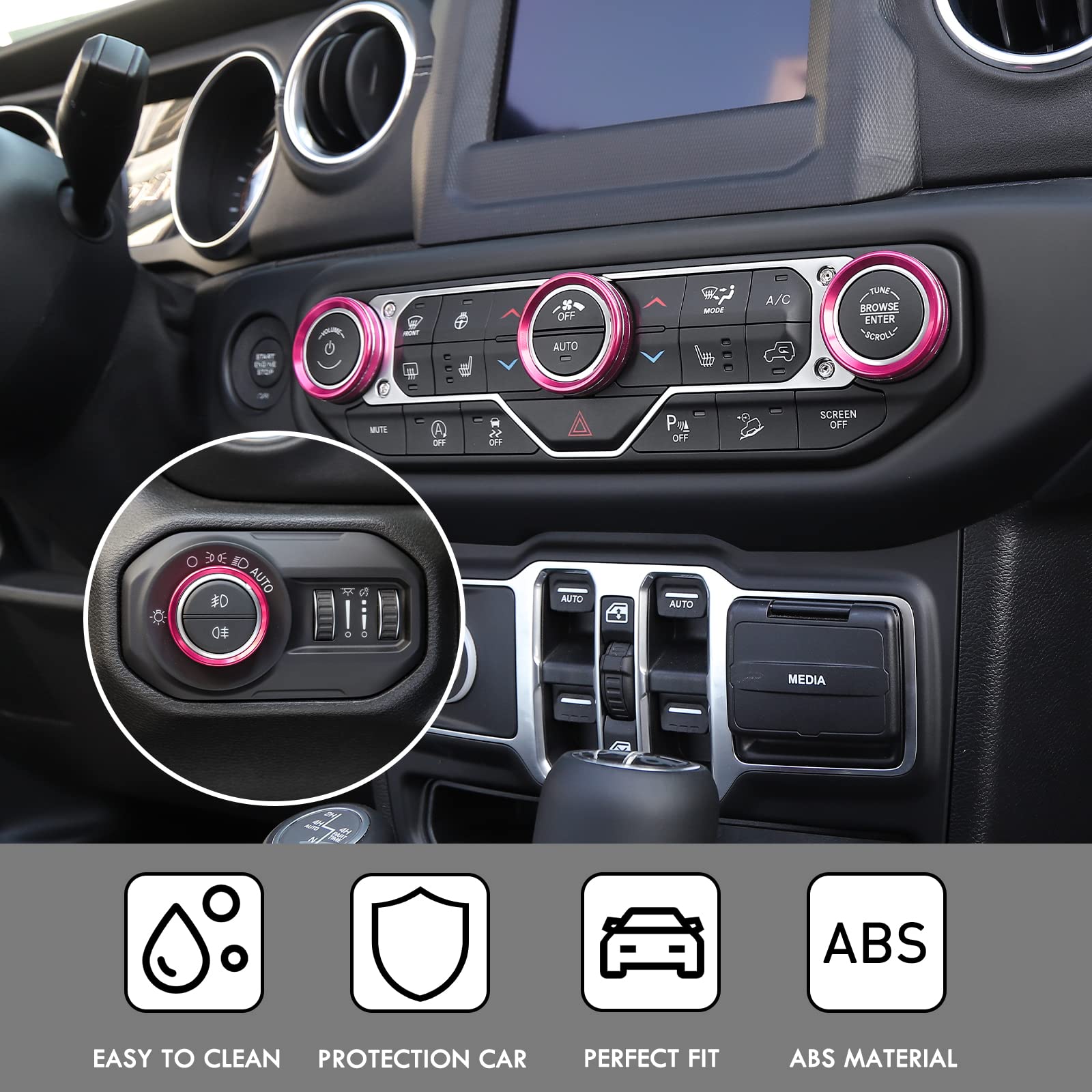 Voodonala Air Conditioner Headlight Switch Knob Trim For 2018-2024 Jeep Wrangler Jl Jlu Gladiator Jt,Thin Pink Aluminum Alloy 4P