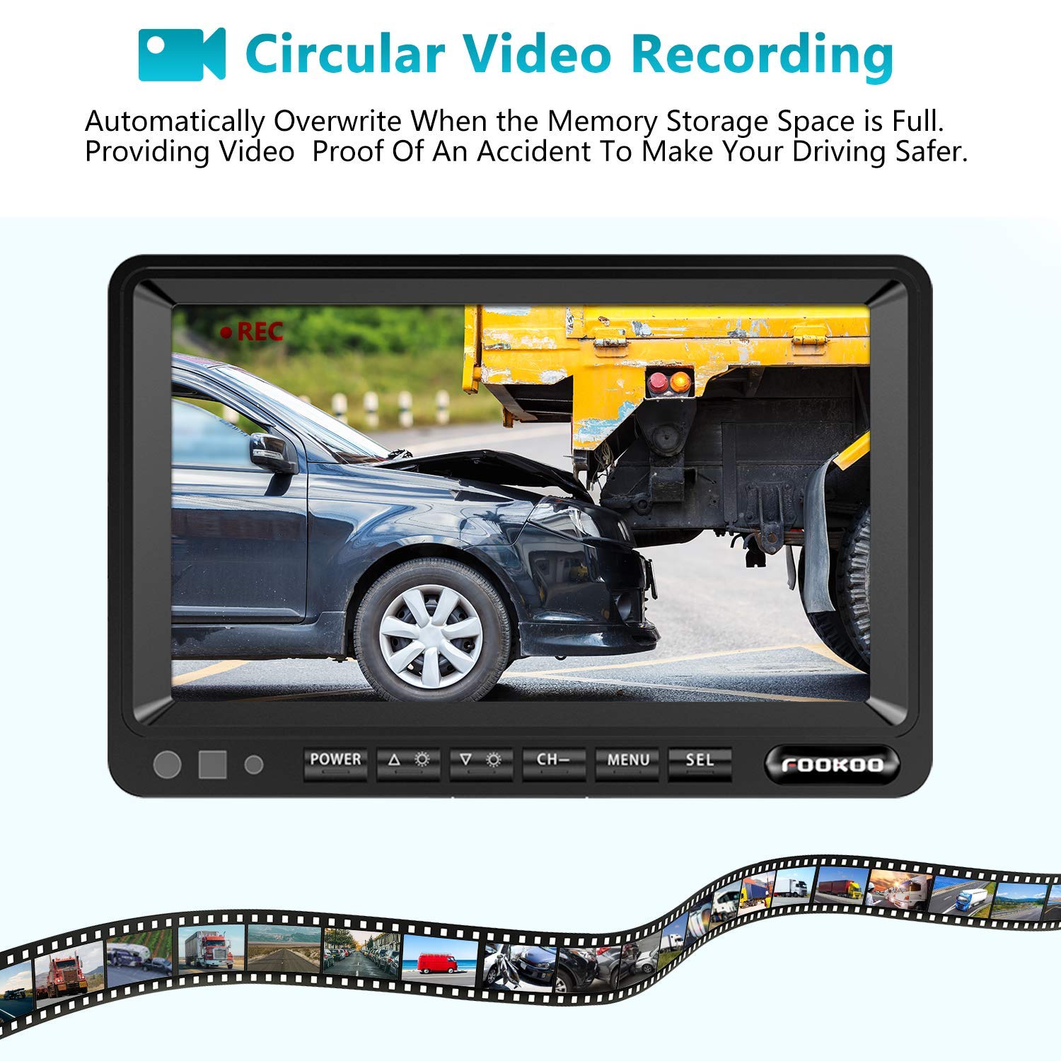 Fookoo ? 7'' 1080P Wired Backup Camera System, 7-Inch Hd Dual Split Screen Monitor W/Recording Ip69 Waterproof Front/Rear View C