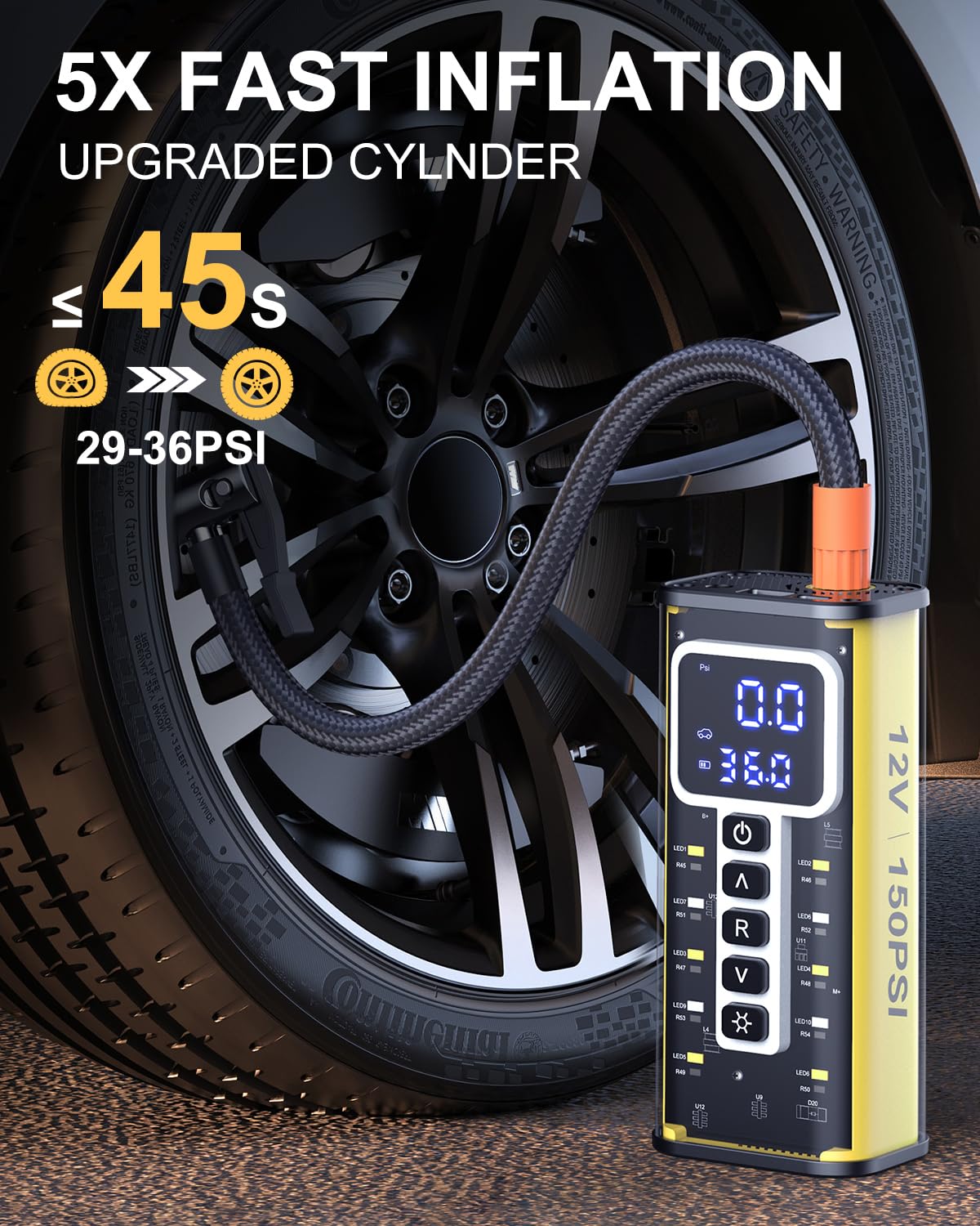 Tire Inflator Portable Air Compressor, 20000Mah Air Pump For Car Tires, 150Psi Tire Infltor, 12V Dual Power Supply,Tire Pressure