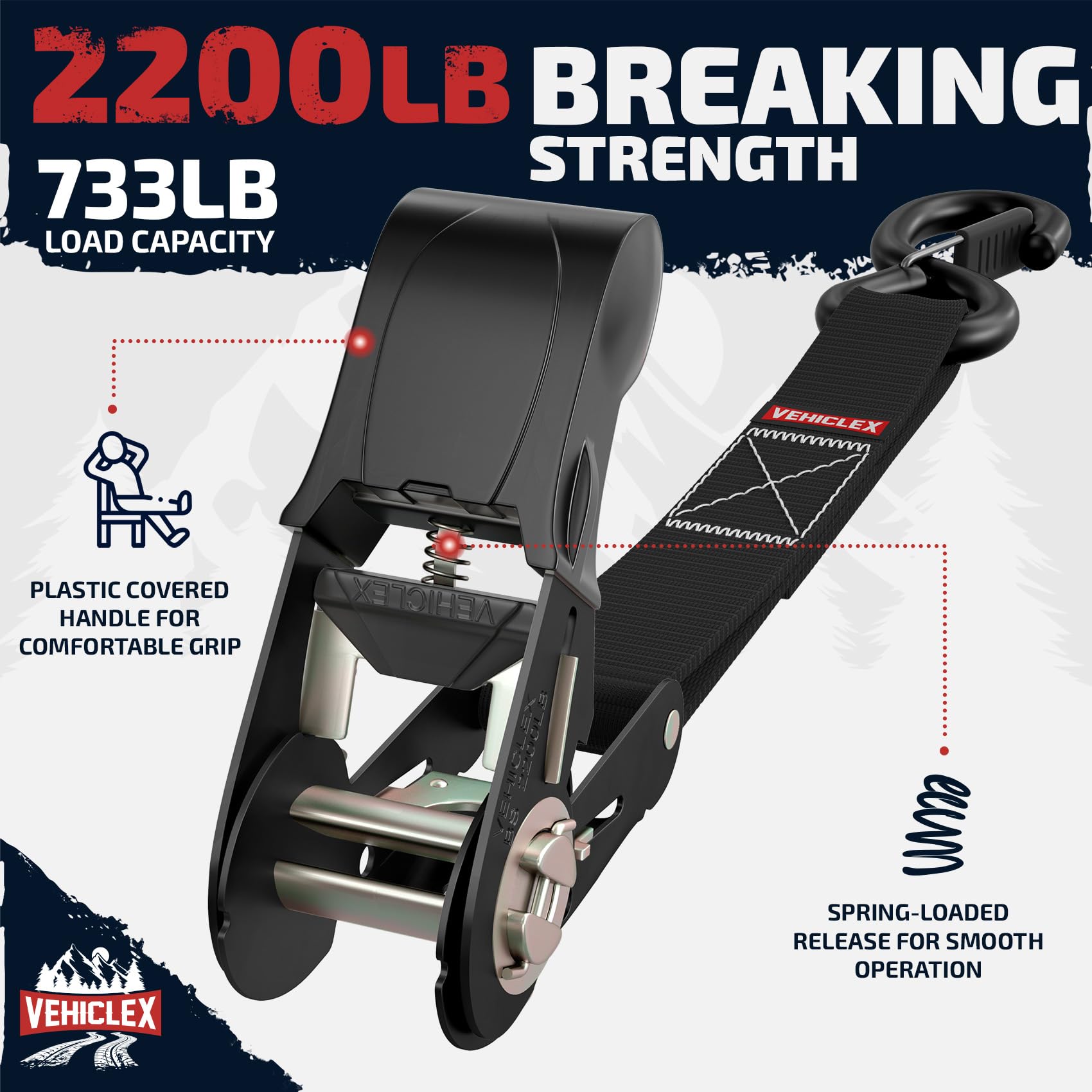 Ratchet Tie-Down Straps Set - (1' X 15', 2200Lbs Breaking Strength) - Vehiclex Soft Loops, Coated S-Hooks, Storage Bag For Atv, Motorcycle, Bicycle, Kayak, Cargo Securing, Black