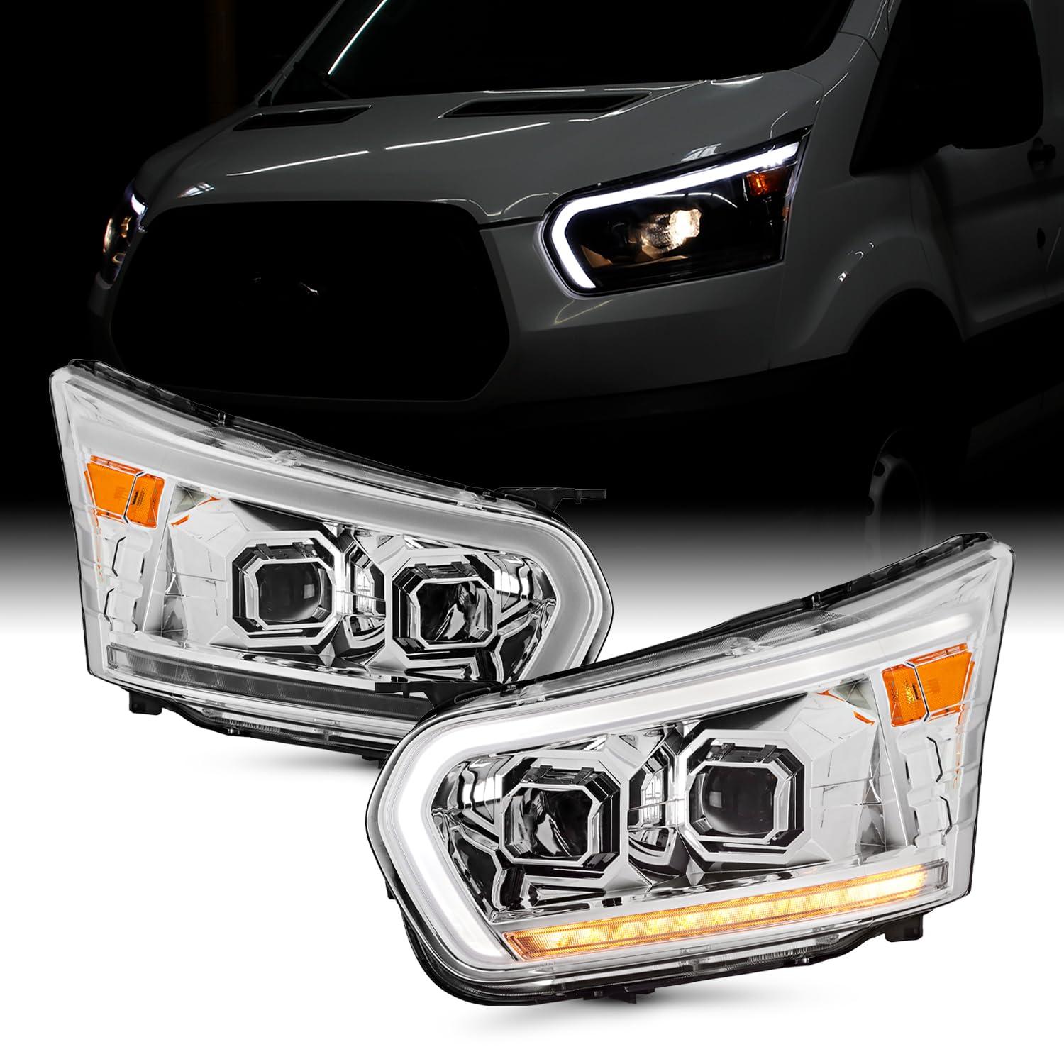AKKON - Fit 2015-2023 Ford Transit 150 250 350HD Projector Chrome Headlights Pair Driver+Passenger w/LED Tube DRL Signal