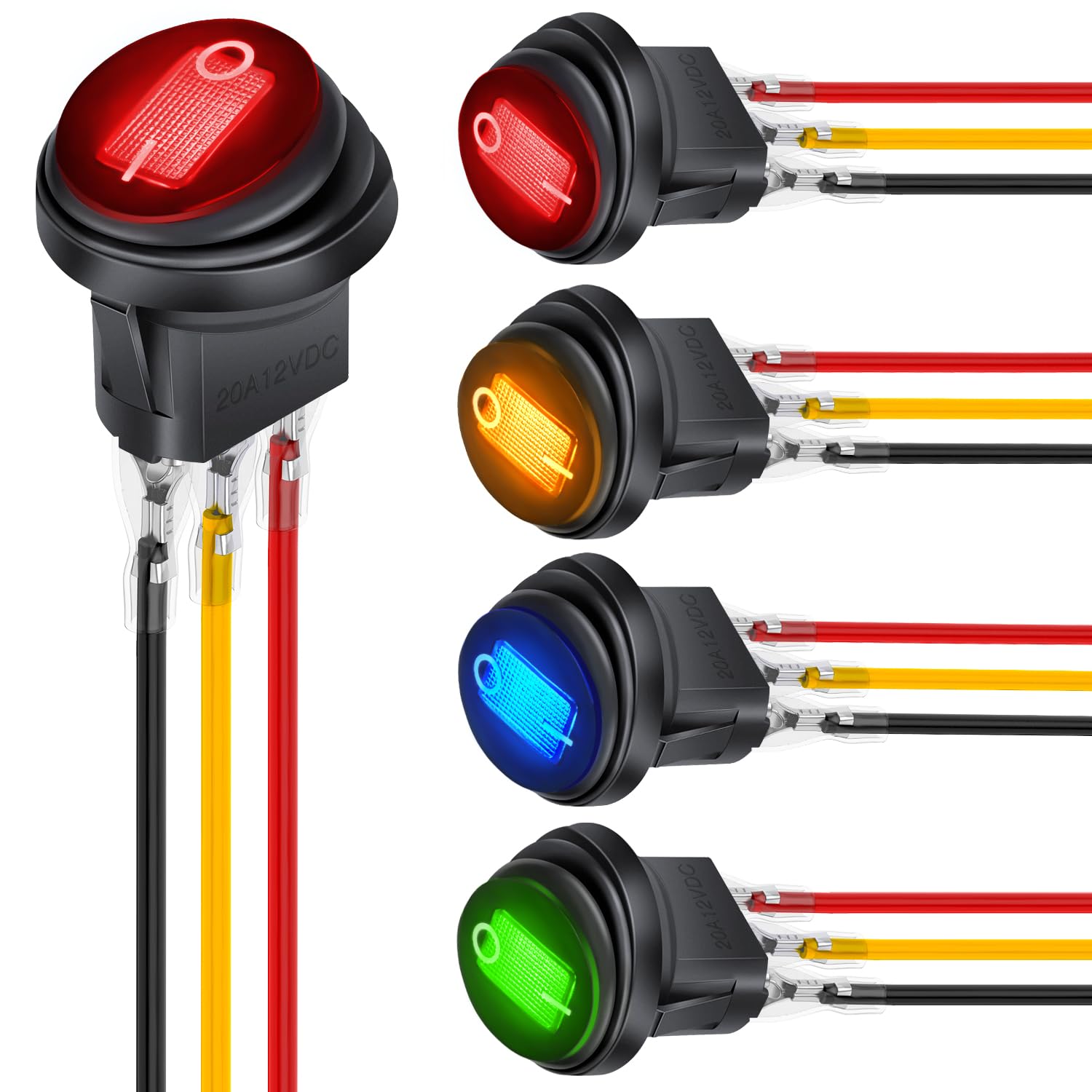 Nilight 5Pcs Waterproof Round Rocker Toggle Green Red Blue Yellow Led Switch 12V 20A 3 Pin On Off Spst For Car Truck Boat Marine