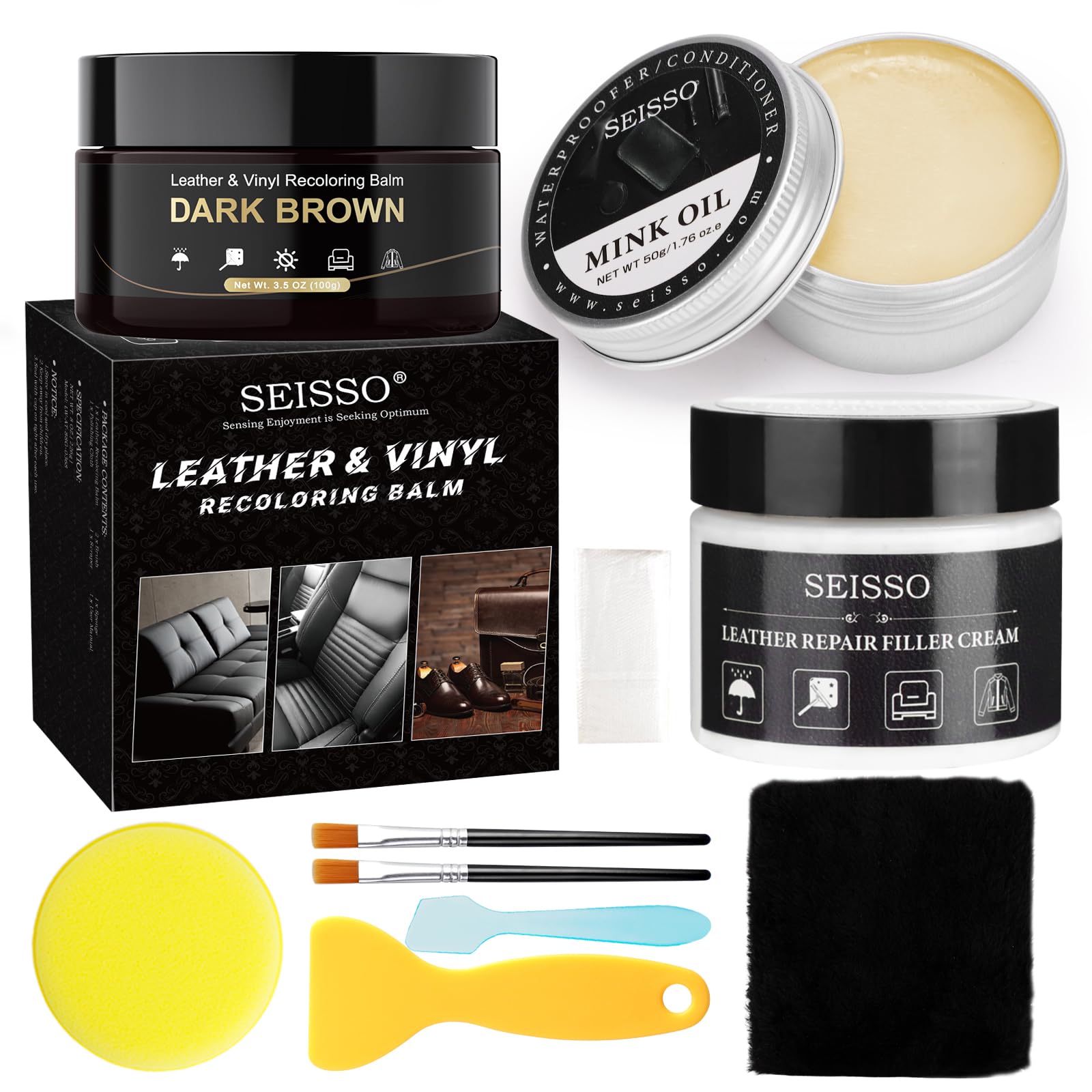 SEISSO Leather Repair Kit for Furniture, Dark Brown Vinyl Repair Kit with Mink Oil Car Interior Leather Recoloring Balm for Scra