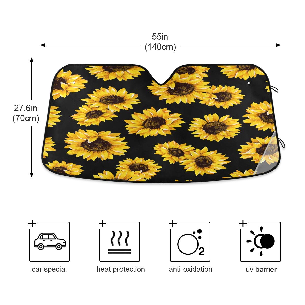 Car Windshield Sunshade Sunflower Black Pattern, Blocks Sun Visor Protector Foldable Sun Shield Keep Your Vehicle Cool, Fits Win