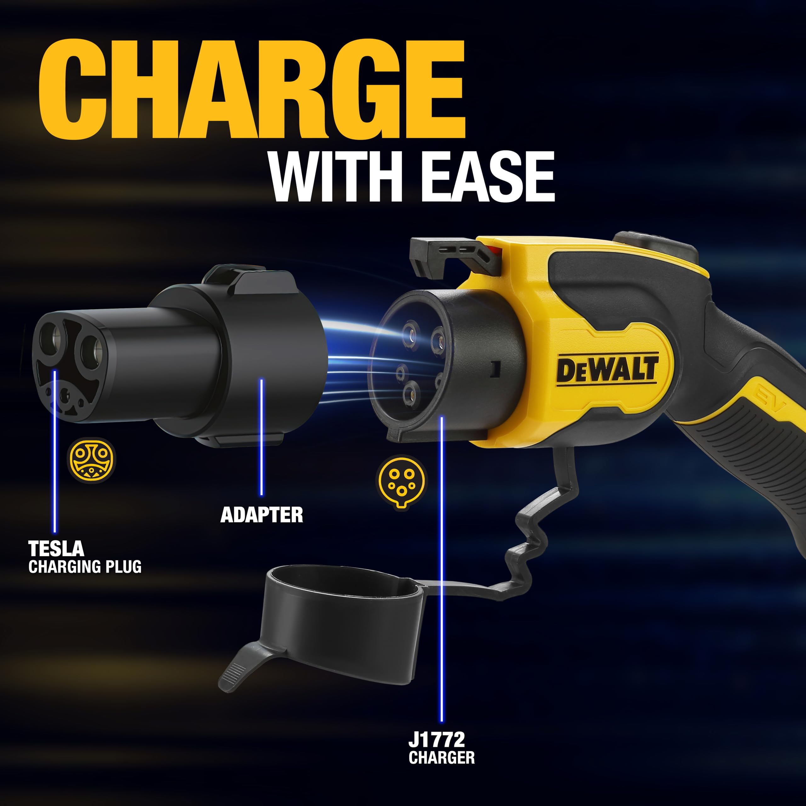 DEWALT SAE J1772 to Tesla EV Charging Adapter, Compatible with All Tesla Electric Vehicles, High Power Connector 60A/250V, Easy