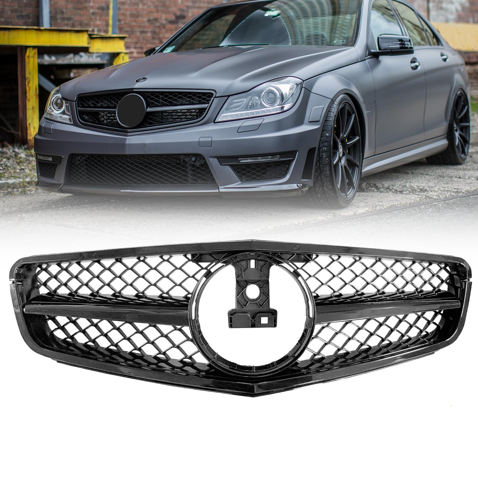 DIBON AUTO Front Grille for 2008-2014 Mercedes Benz W204 C Class, AMG Style, Gloss Black, Durable ABS Plastic