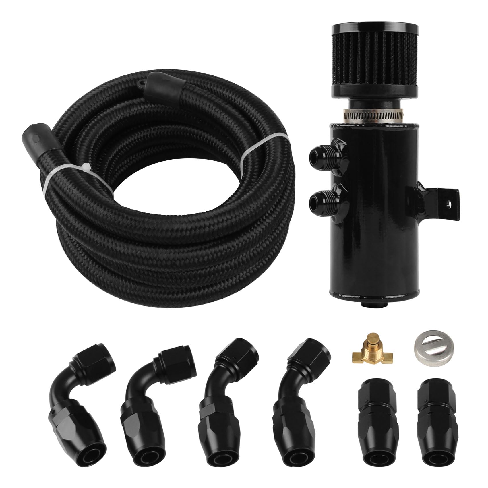 10An Baffled Oil Catch Can Breather Can With Drain Valve 750Ml Bundle And 10Ft 10An Fuel Line Fitting Kit Nylon Braided Cpe Oil Hose