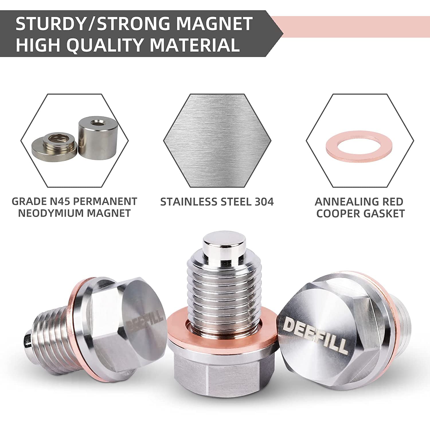 DEEFILL M14 x 1.5 Magnetic Oil Drain Plug, Stainless Steel Oil Drain Plug with Copper Crush Washer Replacement for Ford, GM, Hyu