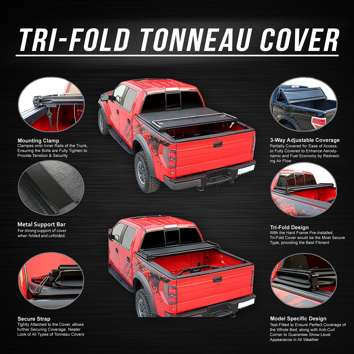 Dna Motoring Truck Bed Soft Tri-Fold Adjustable Tonneau Cover Compatible With 09-18 Dodge Ram 1500 6.5Ft Fleetside Short Beds W/