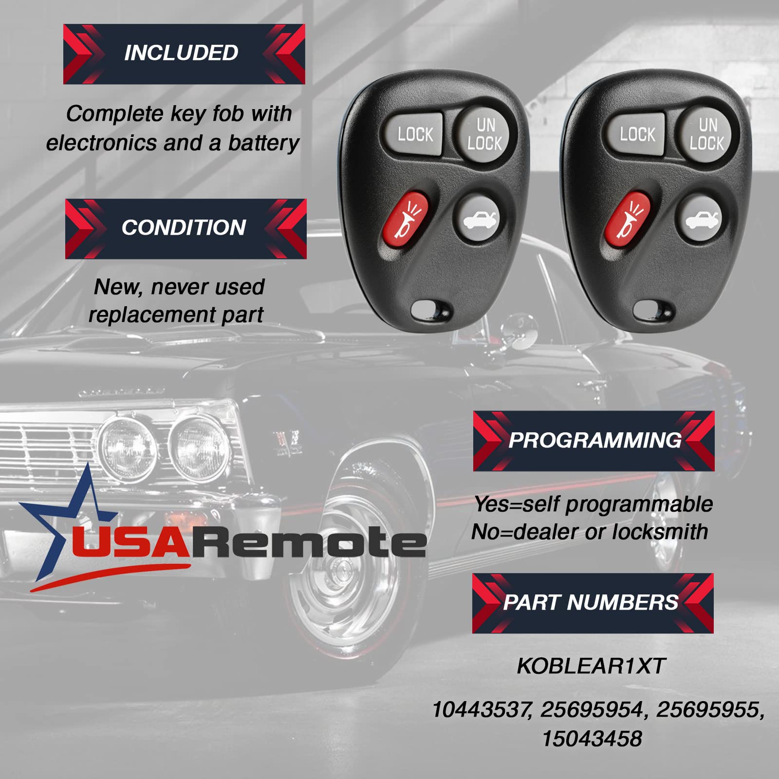 Usaremote 2 Keyless Entry Remote Key Fob - 4 Button, Black, Abs Material, Car Compatible