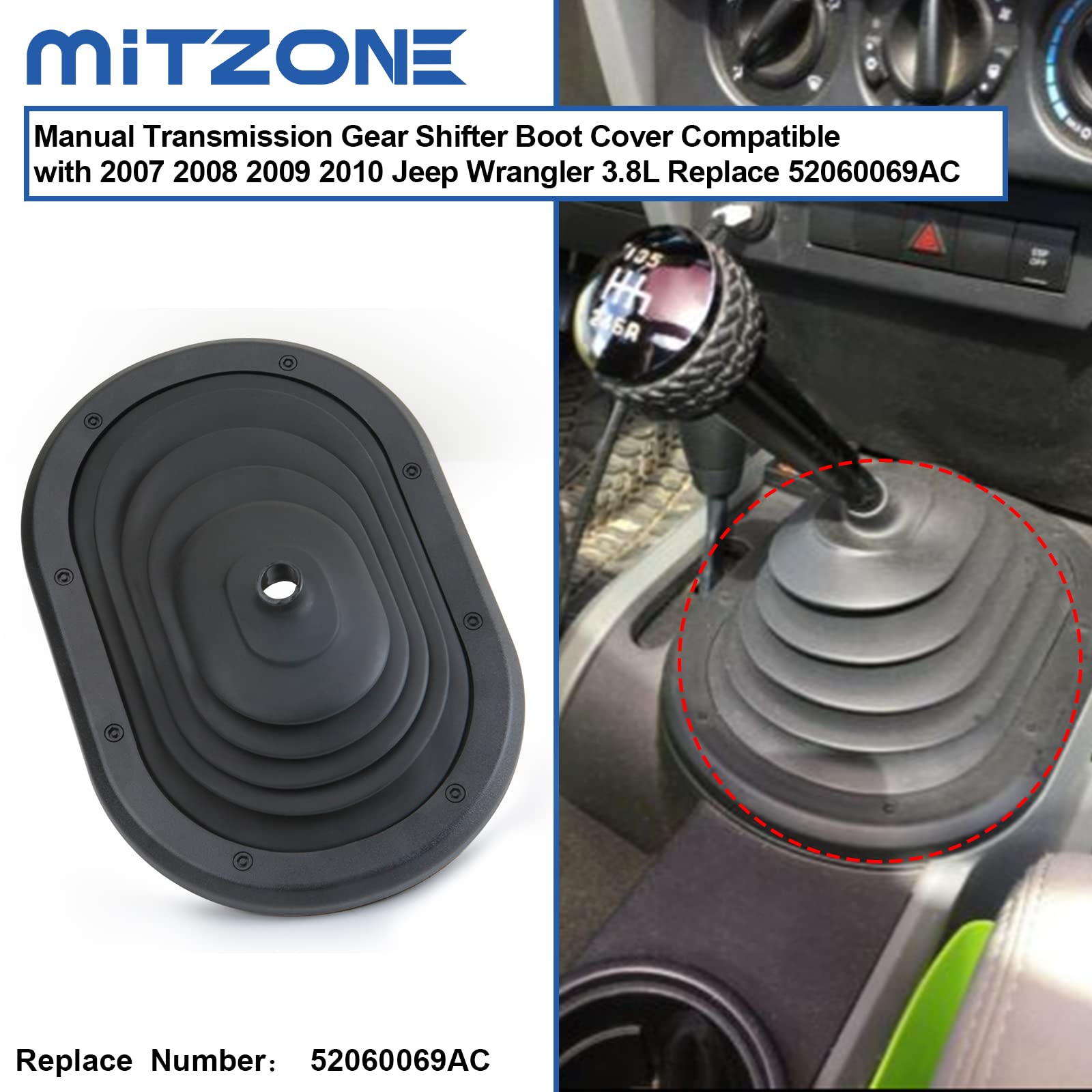Mitzone Manual Transmission Gear Shifter Boot Cover Compatible With Jeep Wrangler Jk 3.8L 2007 2008 2009 2010 Replace 52060069Ac