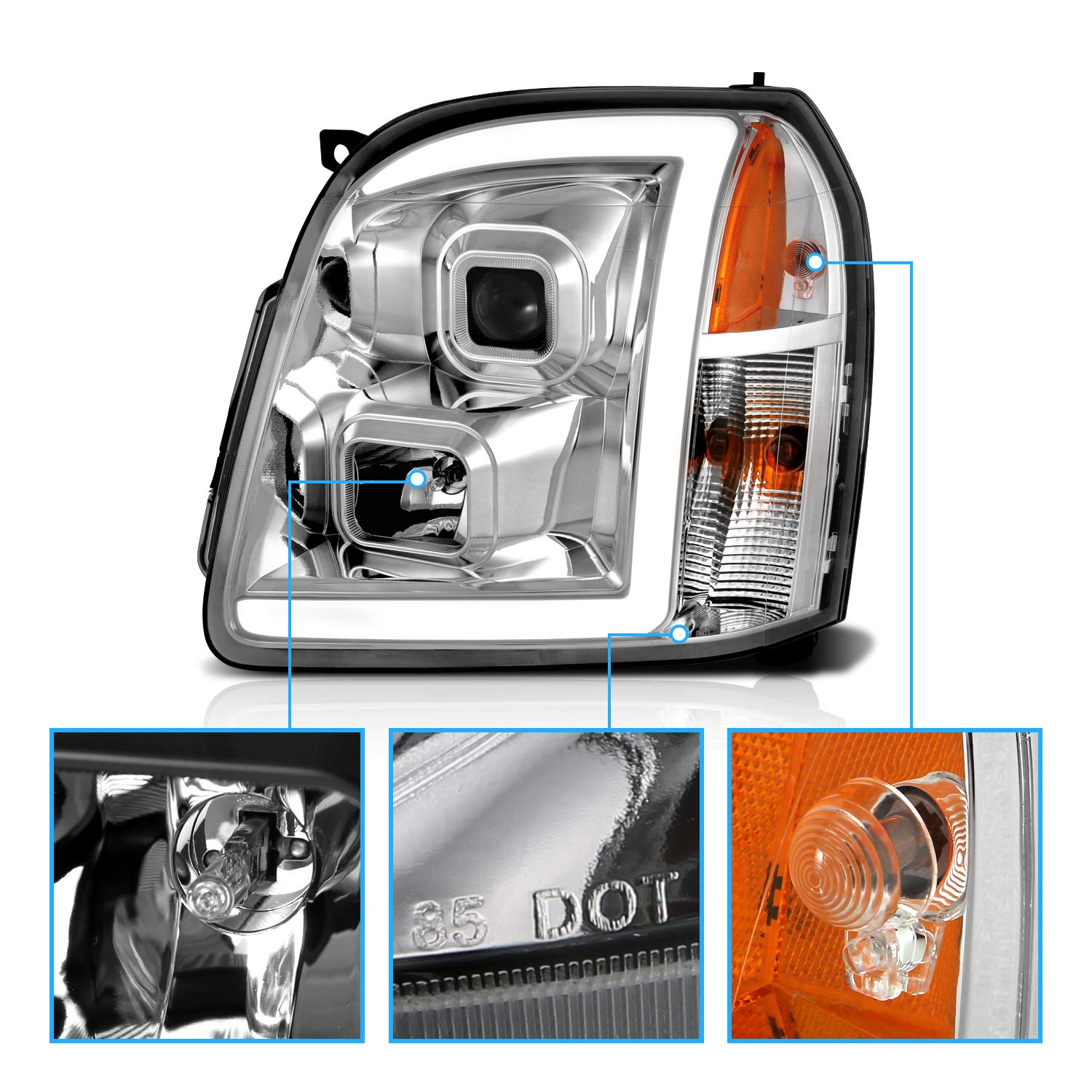 Amerilite For 2007-2014 Gmc Yukon/Yukon Xl Denali/Yukon Hybrid Chrome Led Tube Square Projector Headlights Set - Passenger And D