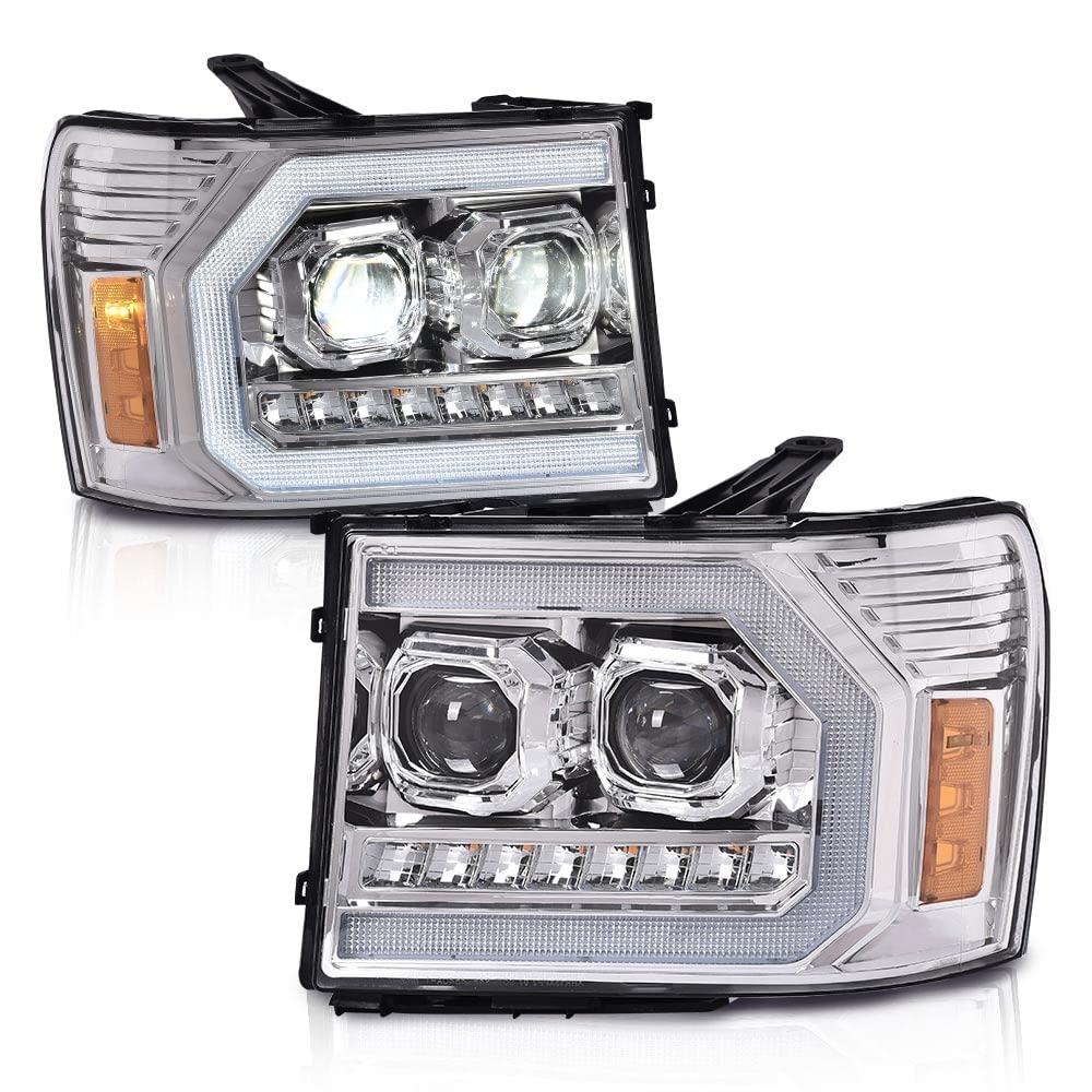 Cheda Led Drl Tube Projector Headlights Compatible With Gmc Sierra 1500 2007-2013/Fit Sierra 2500Hd 3500Hd 2007-2014 Clear Lens