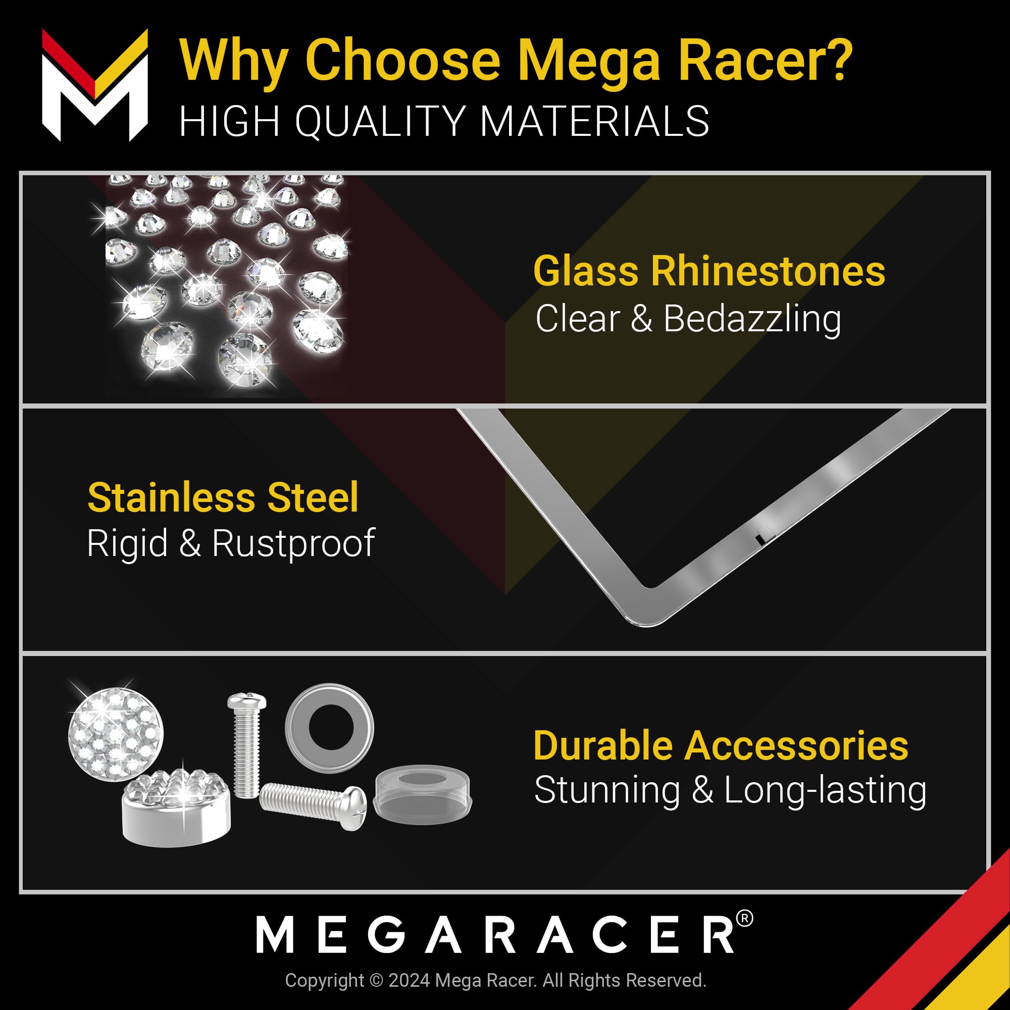 Mega Racer Bling License Plate Frames 2 Pack | Rhinestone Stainless Steel | Fits Car, Truck, SUV, Van | Sparkly Bling 2Pc