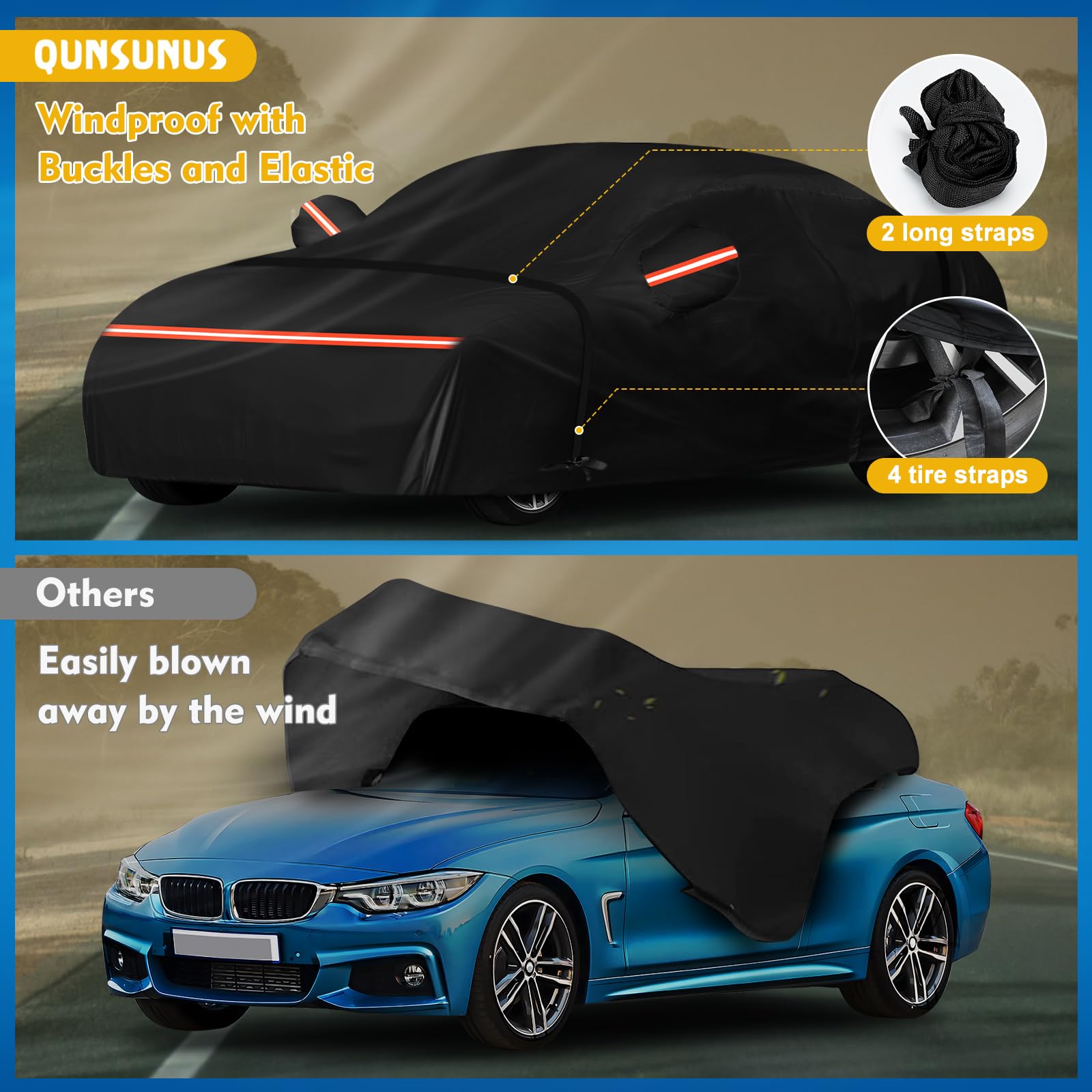 QUNSUNUS Waterproof Car Cover for Ford Mustang 1979-1993, Outdoor Car Covers with Zipper, All Weather Full Exterior Cover with S