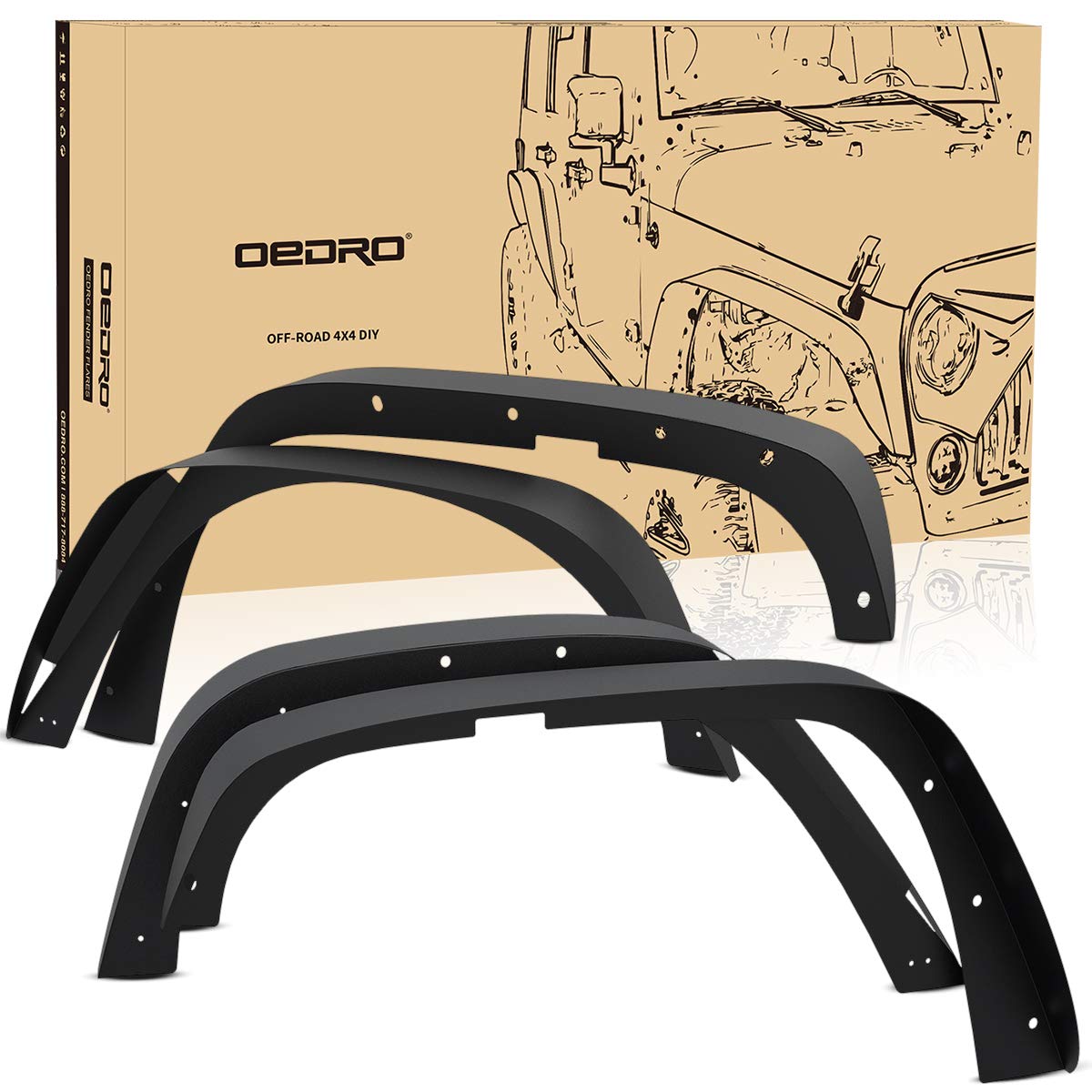 Oedro Flat Front & Rear Fender Flares Compatible With 2007-2018 Jeep Wrangler Jk & Jku Unlimited (2 Door / 4 Door), 4 Pcs Off-Ro