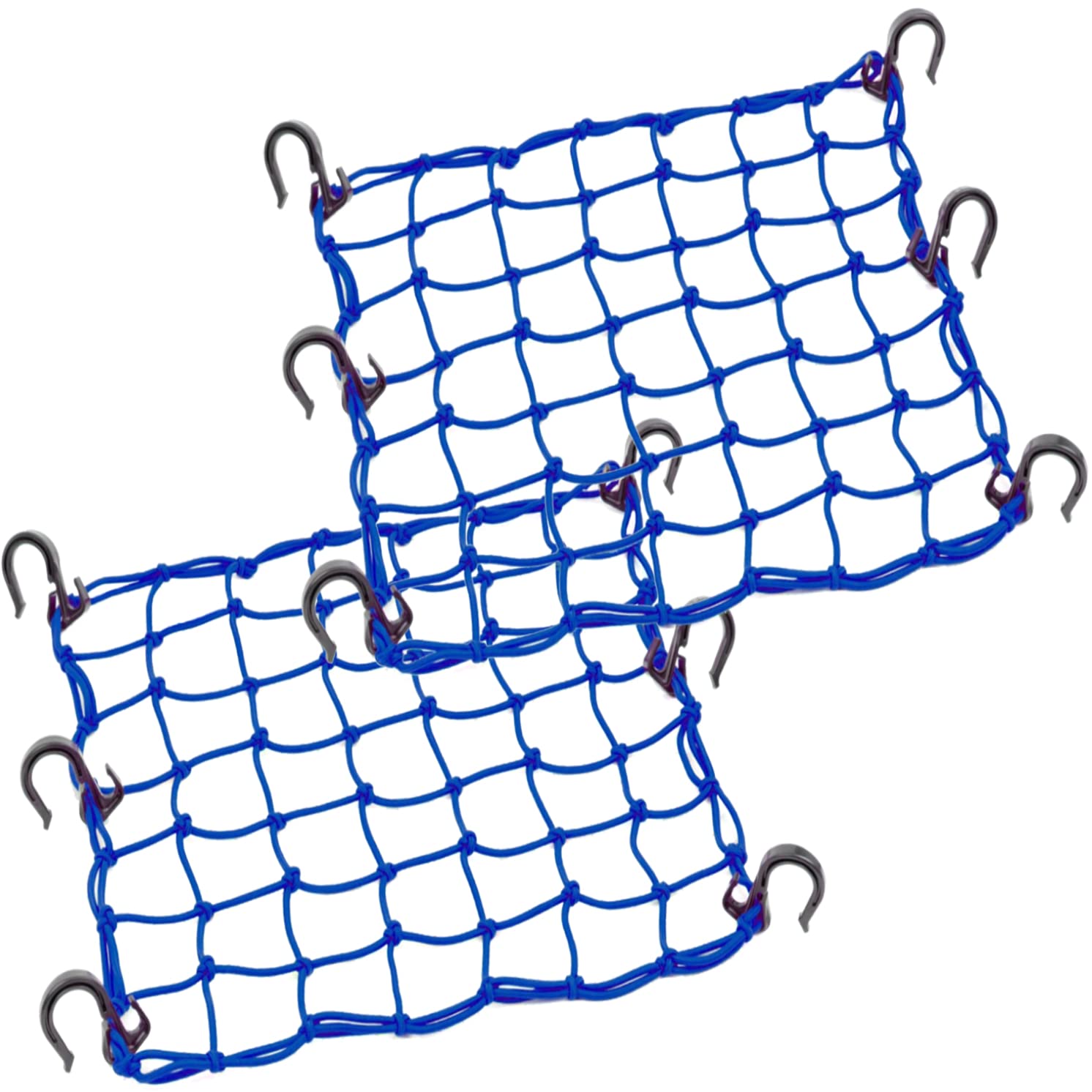 Zuoze Small Cargo Net 15'X15' Stretches To 30'X30' With Thicken Hooks | Natural Latex Core, Tight 2”X2” Mesh Heavy Duty Bungee Net For Motorcycle Helmet, Bike, Atv, Utv, Luggage (Blue, 2 Pack)