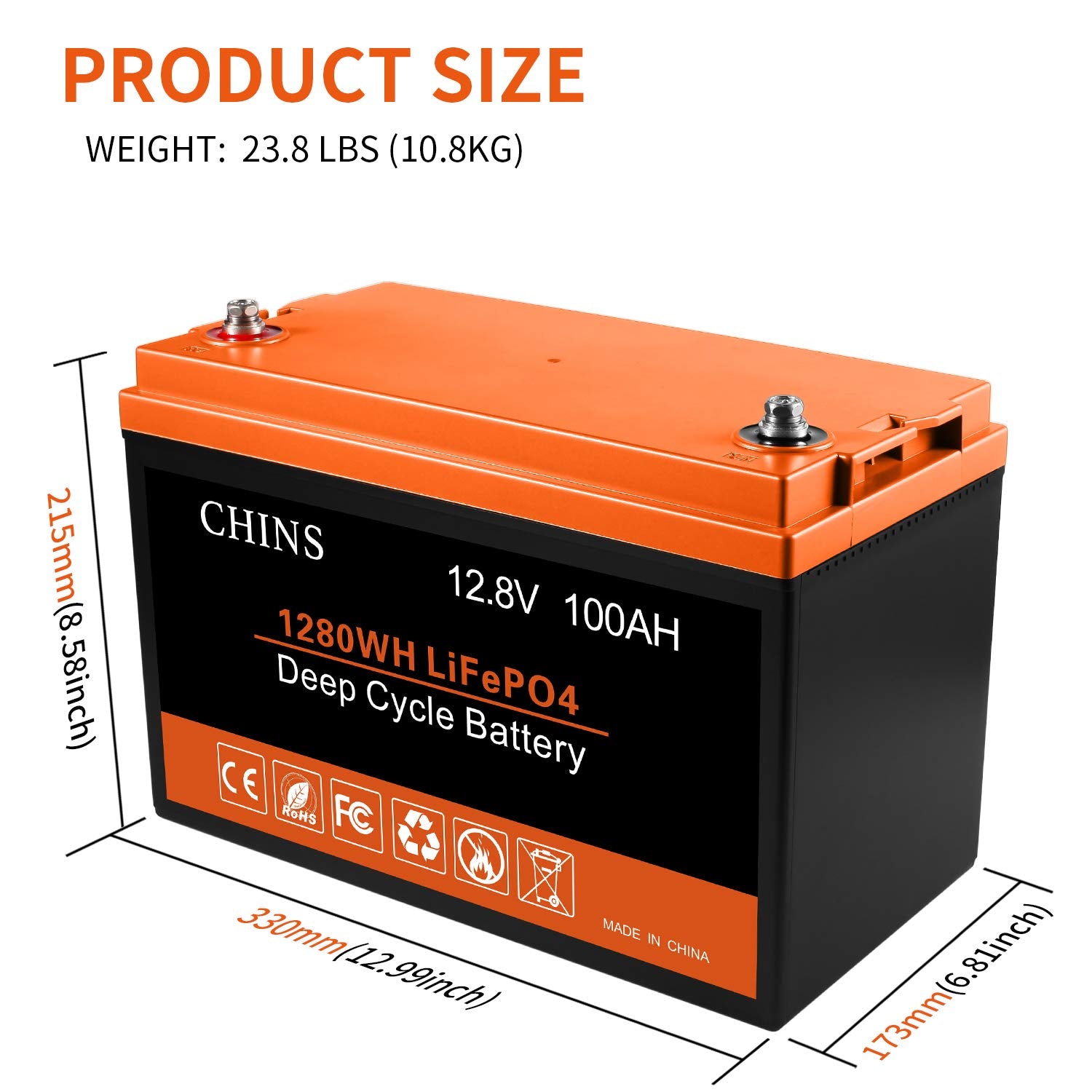 CHINS 12V 100AH LiFePO4 Lithium Battery - 100A BMS, Low-Temp Protection, Ideal for Solar, Marine, RV, Off-Grid, Model LAF