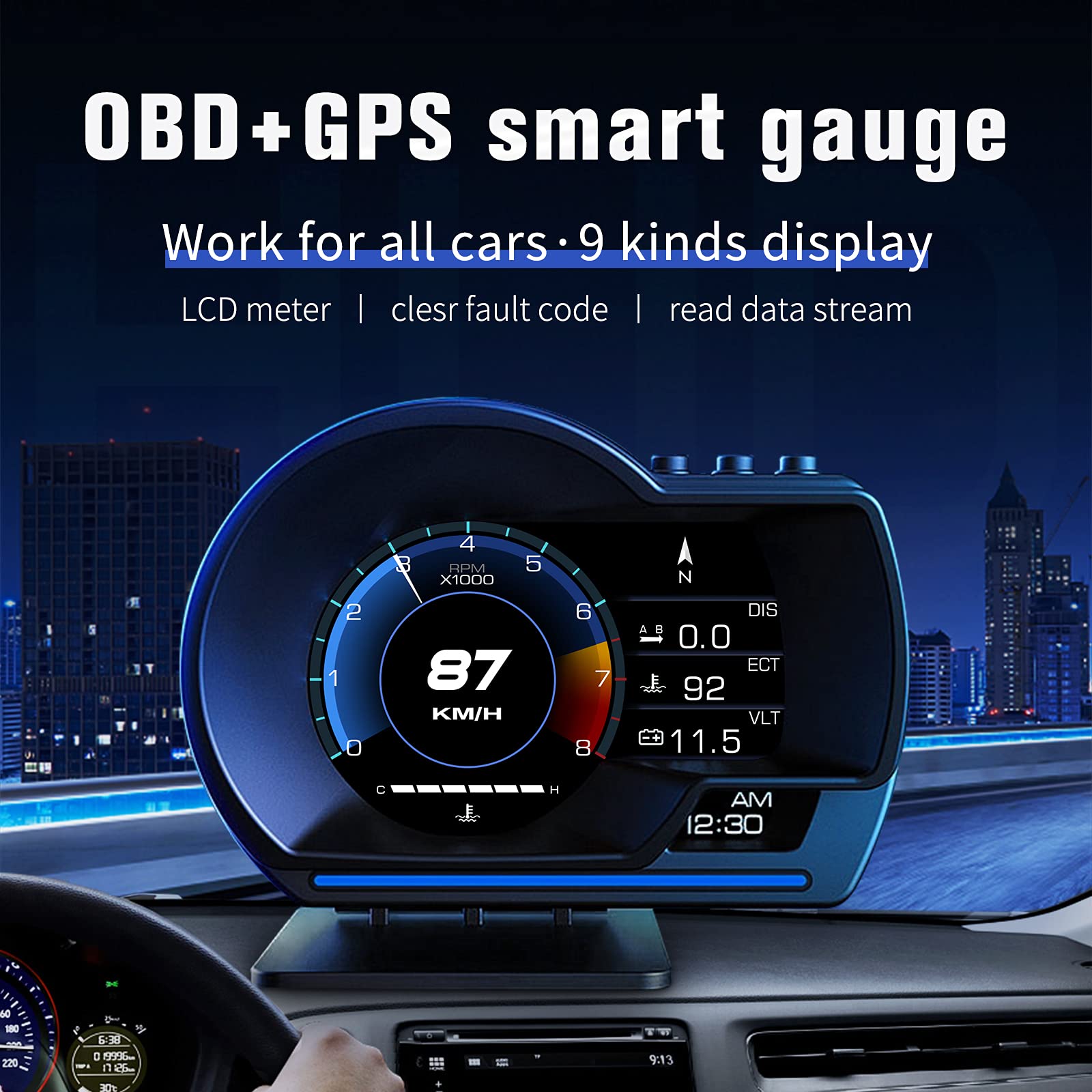 MH Head Up Display, OBD2+GPS Dual System, Speedometer, Tachometer, Water Temp, Volt, Overspeed Alarm AUTO Gauge Fault Diagnosis