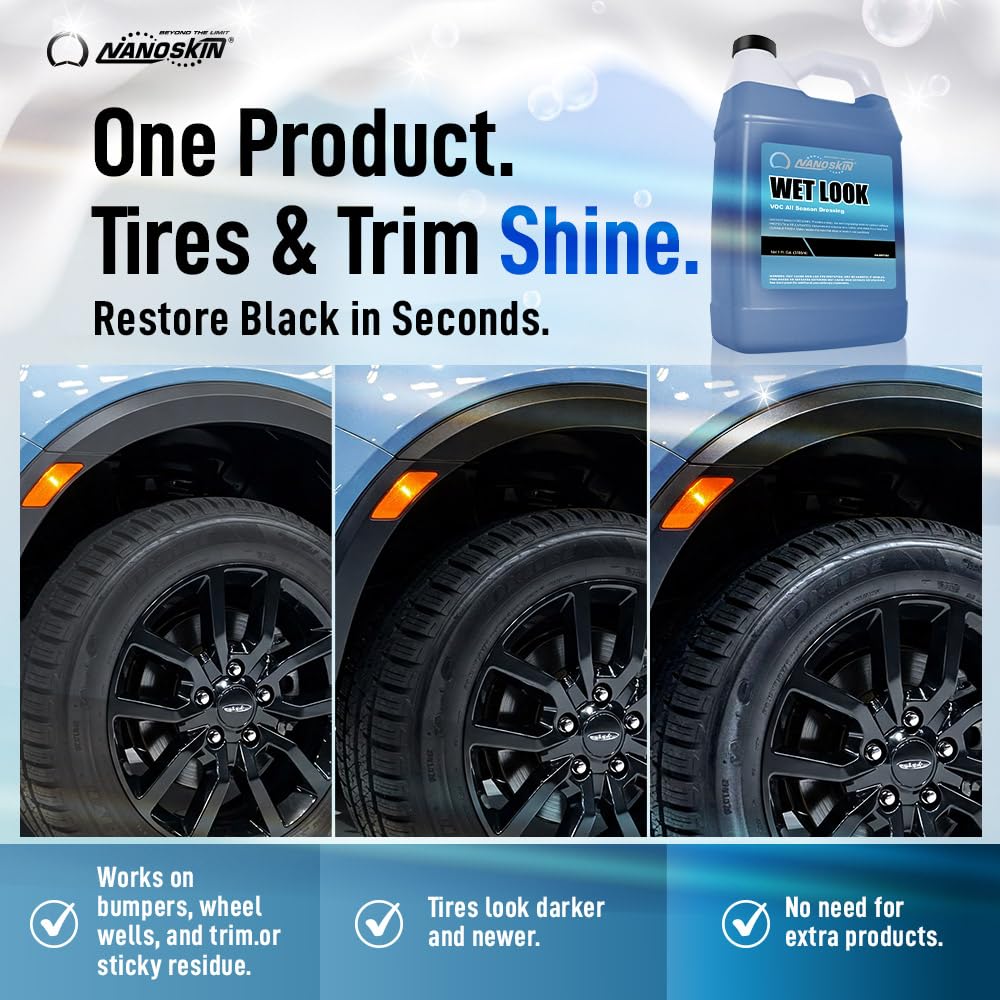 Nanoskin WET LOOK All Season Dressing 5 Gallons -Exterior Rubber & Plastic Solvent Based Dressing for Car Detailing | Produces a