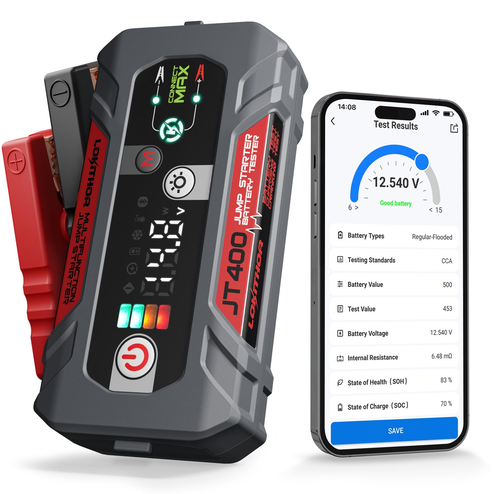 LOKITHOR JT400 2500A Portable Jump Starter with 100-2000 CCA Battery Tester, 12V Car Battery Jump Starter for Up to 8.5L Gas or 