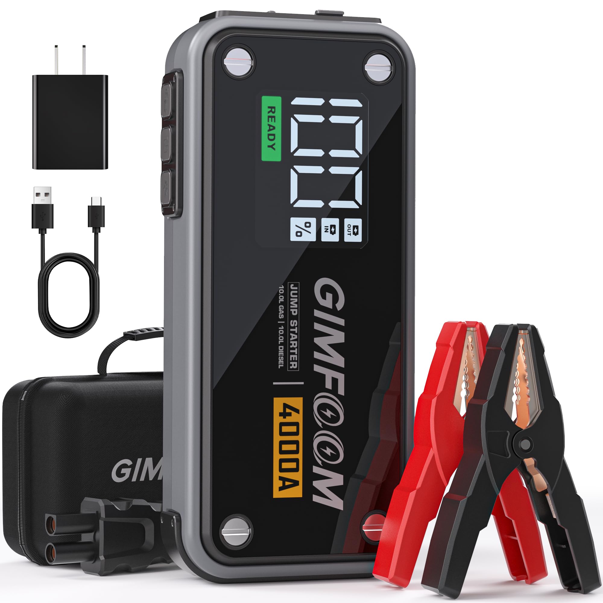Gimfoom Jump Starter, 4000A Car Battery Jump Starter With Wall Charger (10L Gas & 10L Diesel Engines), 12V Jump Starter Battery
