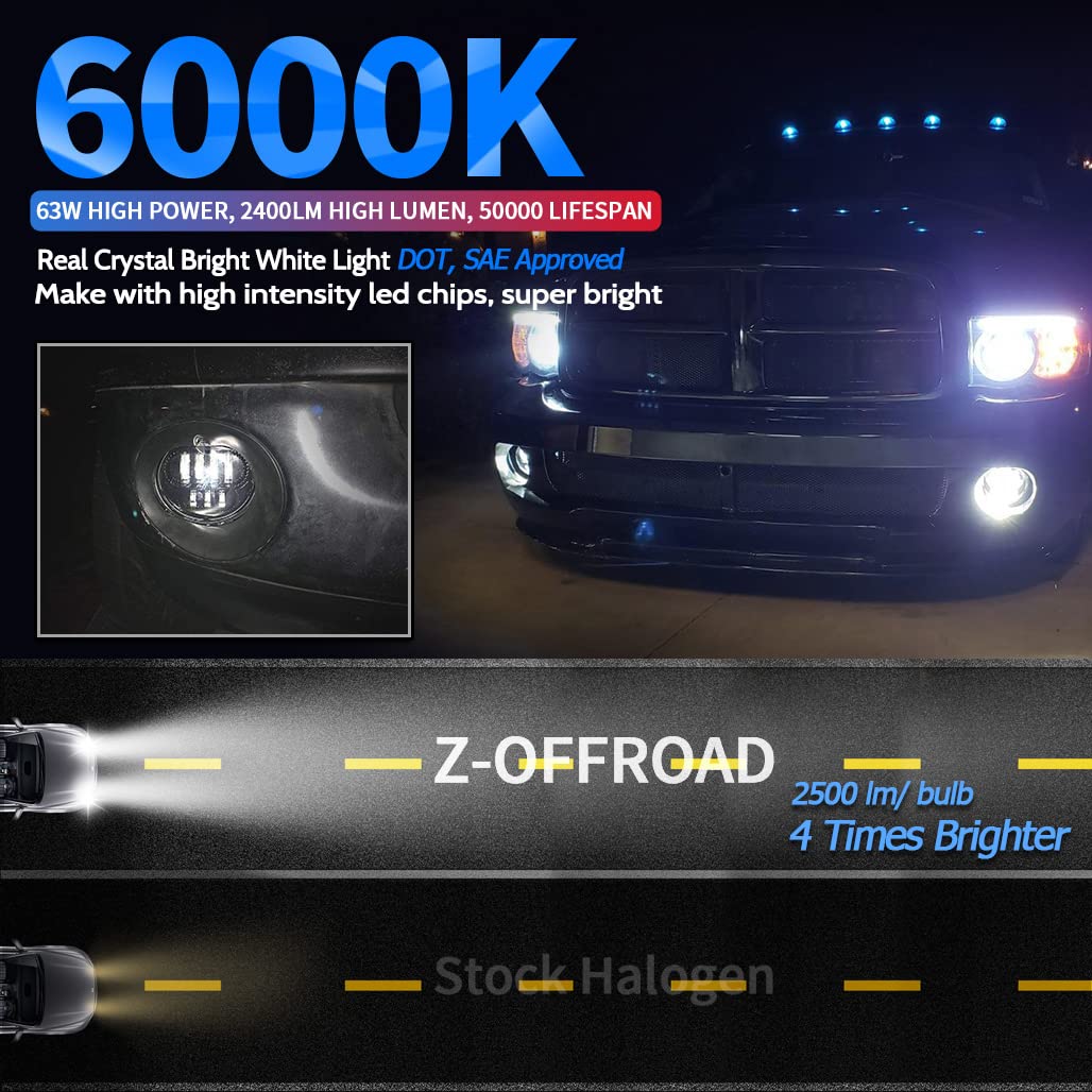 Z-Offroad 2Pcs 63W Led Fog Lights Lamps Replacement For 2002-2008 Dodge Ram 1500 2003-2009 Ram 2500 3500 2004-2006 Durango Truck