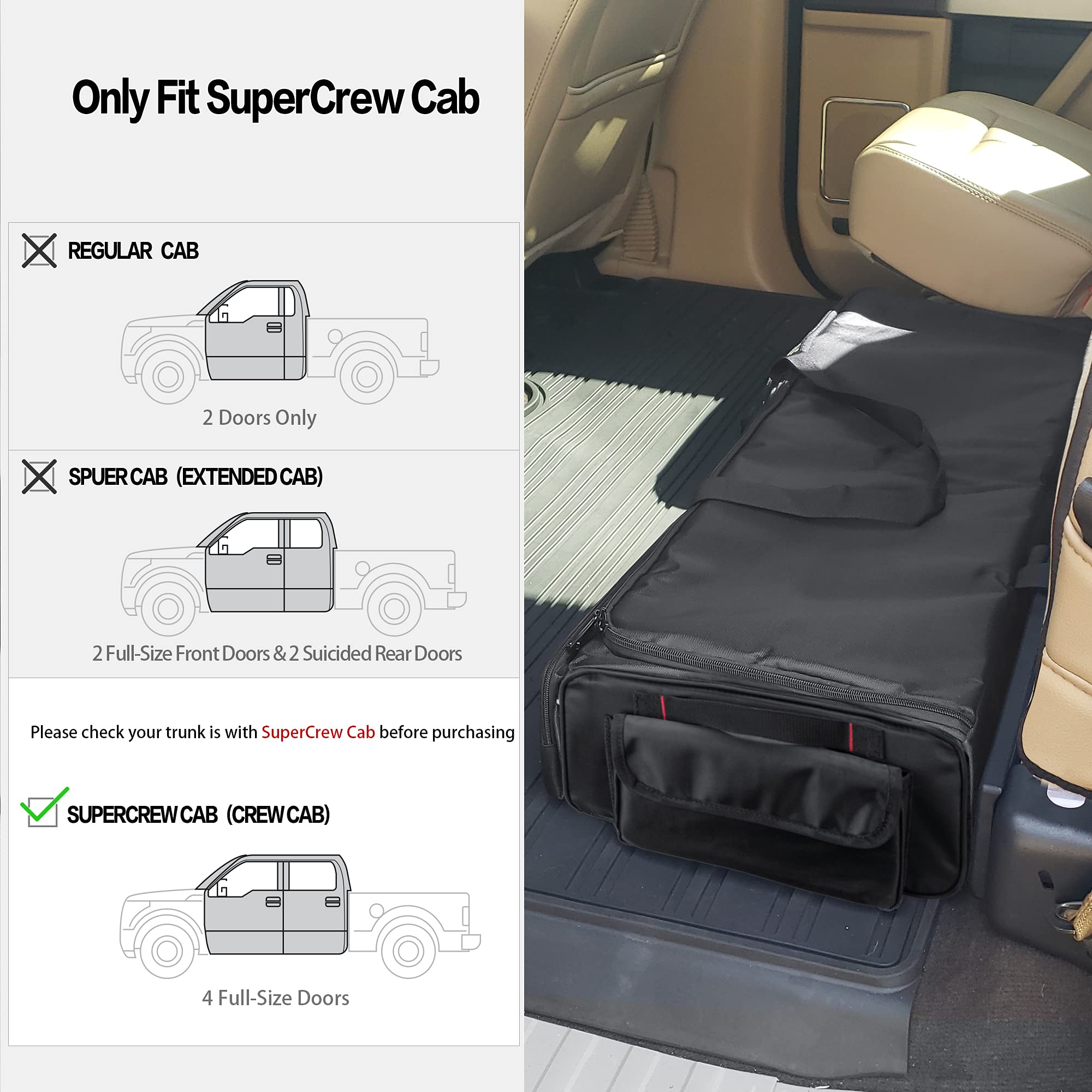 Samdew Underseat Storage Bag Fit For Supercrew Cab, Truck Under Seat Organizer With 4 Detachable Inner Dividers & Anti-Slip Bottom For Full Size Trucks, Black