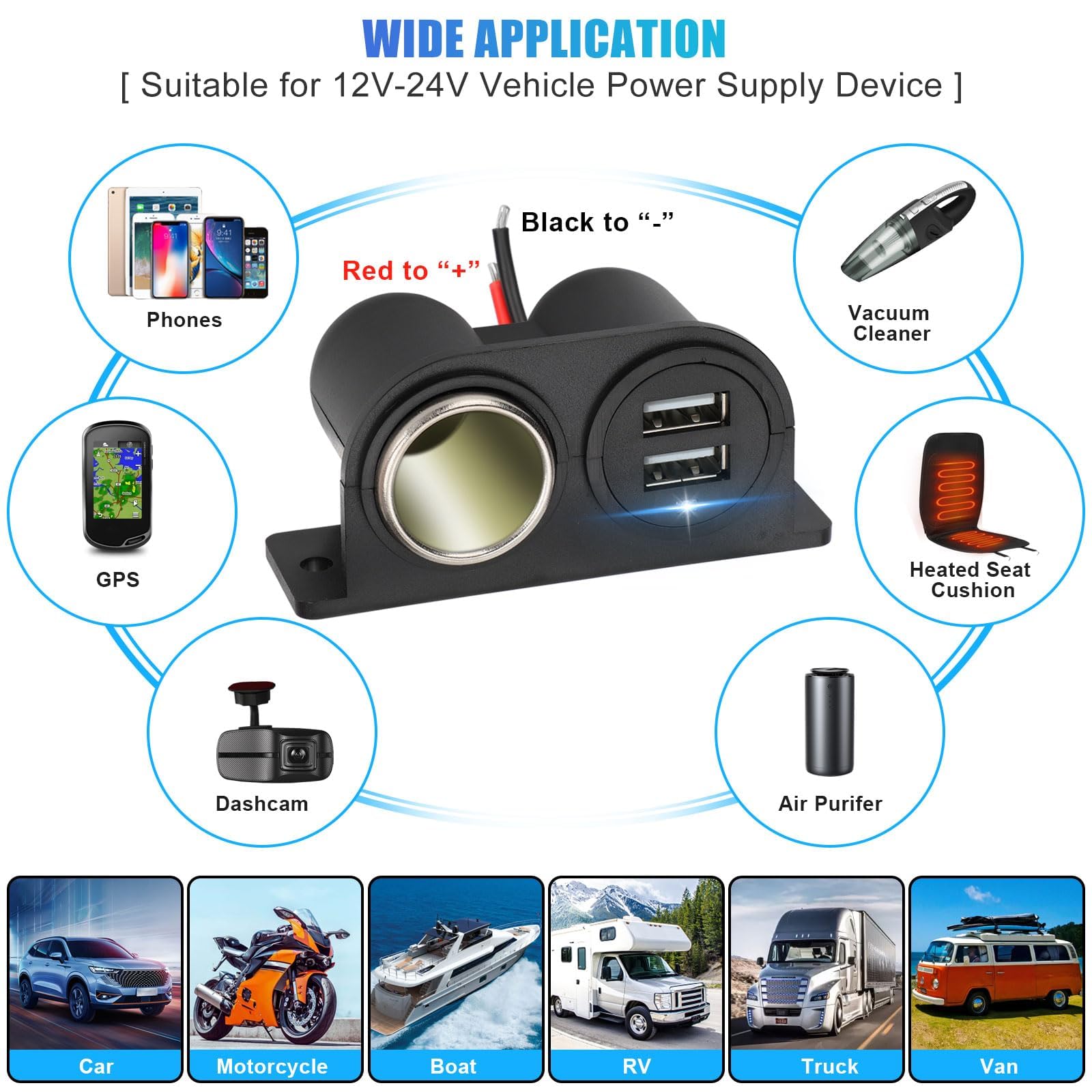 2Pcs Dual Usb Outlet Cigarette Lighter Socket Splitter With Blade Fuse, 12V 4.2A Car Charger Power Adapter Replacement Waterproo