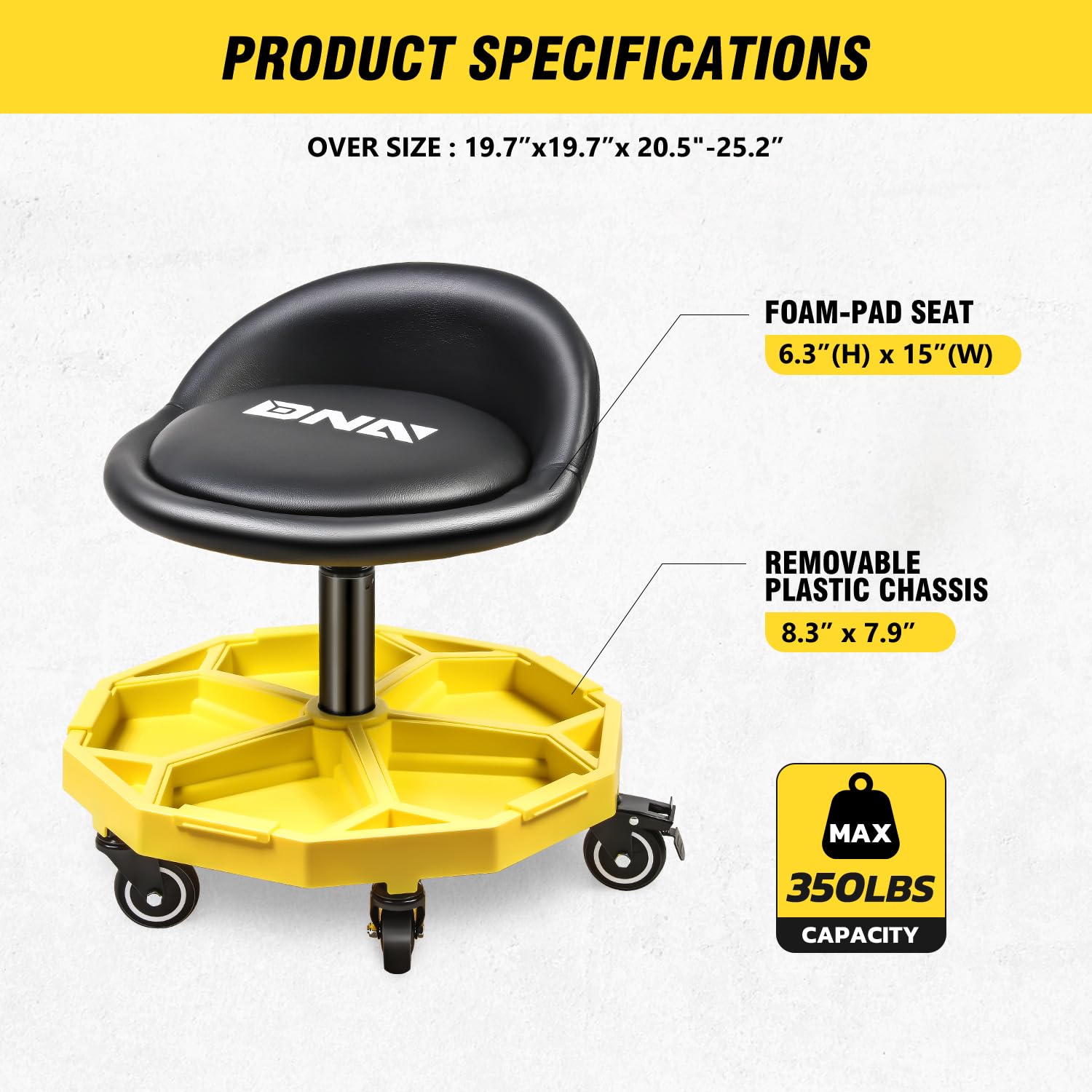 Dna Motoring 350 Lbs Rolling Garage Stool, 20.5'' To 25.2'' Adjustable Height Foam-Pad Seat, Round Tools Stool, Heavy Duty 3'' W