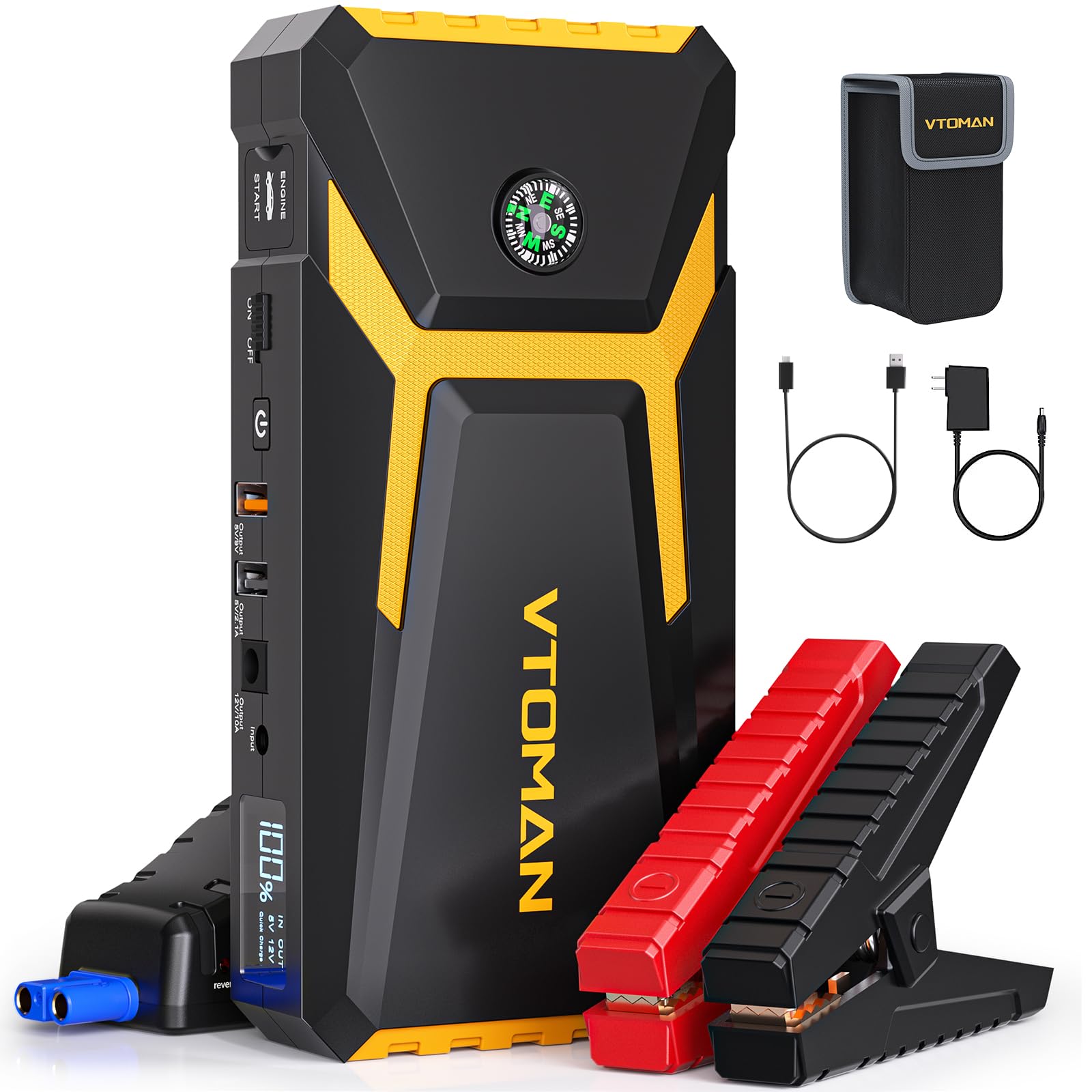 Vtoman V8 Jump Starter, 2000A Peak For Up 8L Gas And 6L Diesel Engines, Car Battery Charger Portable Jump Box With Jumper Cables