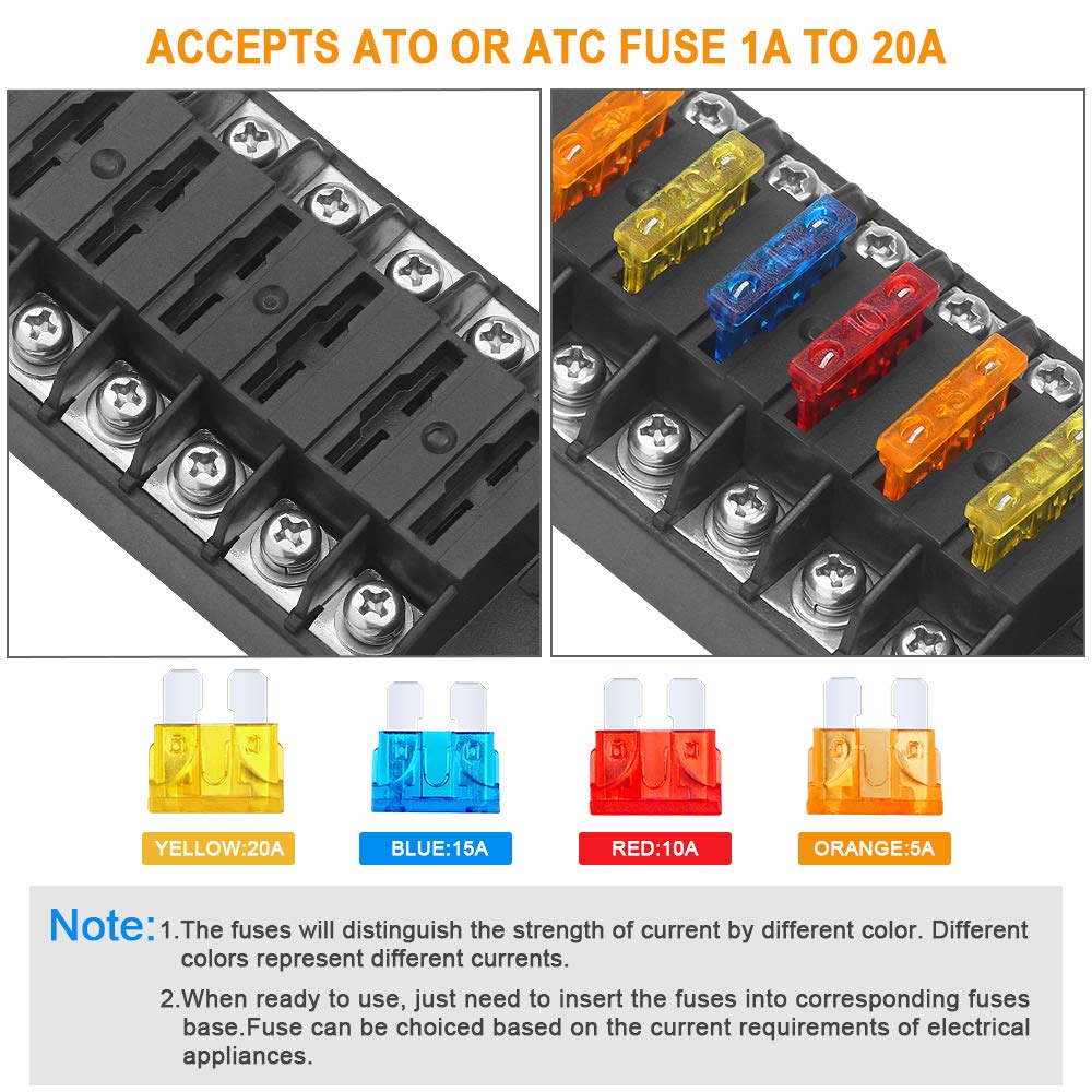 ELECTOP 6 Way Fuse Block Blade Fuse Box with Negative Bus, 6 Circuit Fuse Holder Fuse Block w/Negative Bus, Waterproof Protectio