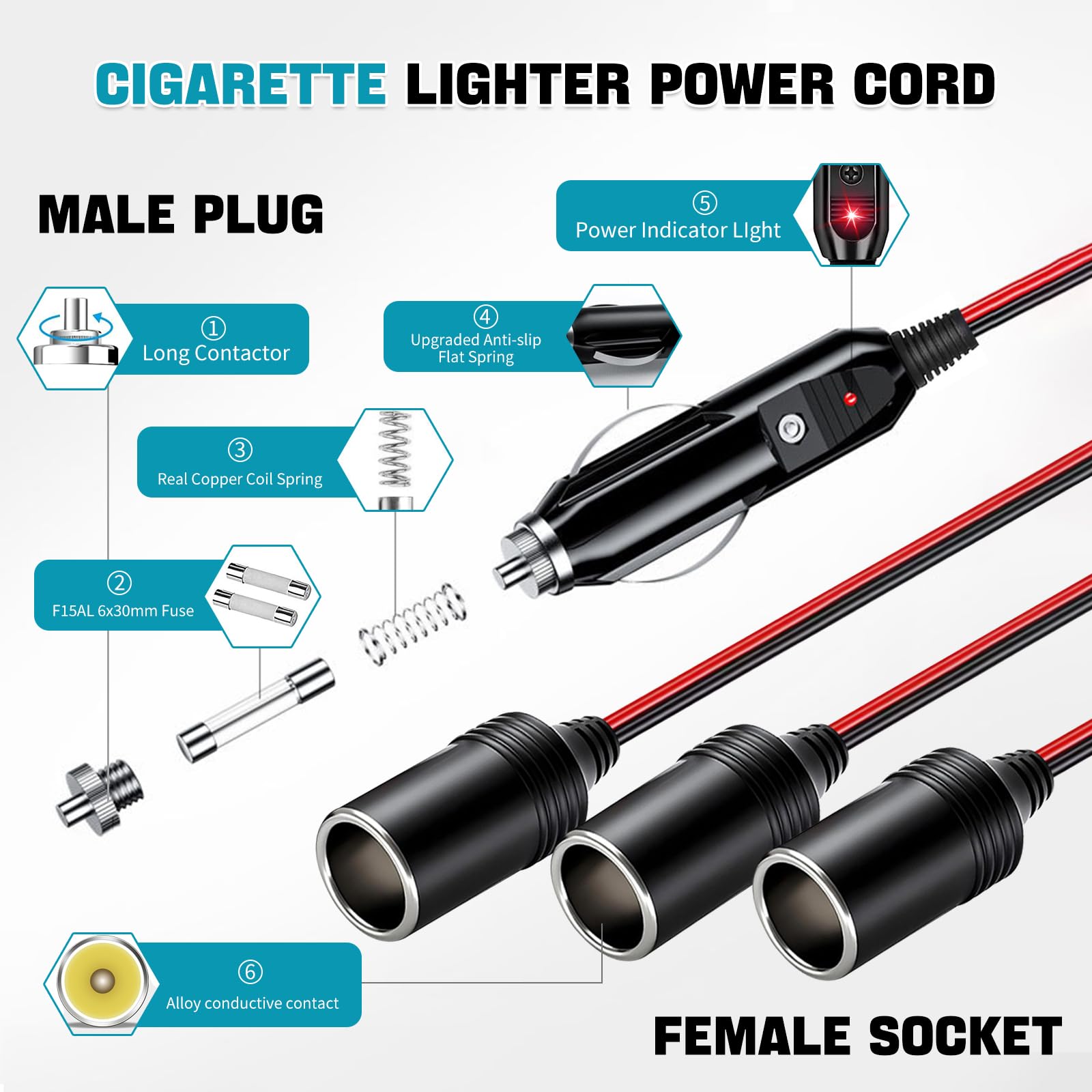 Car Cigarette Lighter Splitter, Ro  Ko1 To 3 Dc 12V 24V Plug Adapter, 3 Socket With Indicator Light, 15.7 Inches Cigarette Light