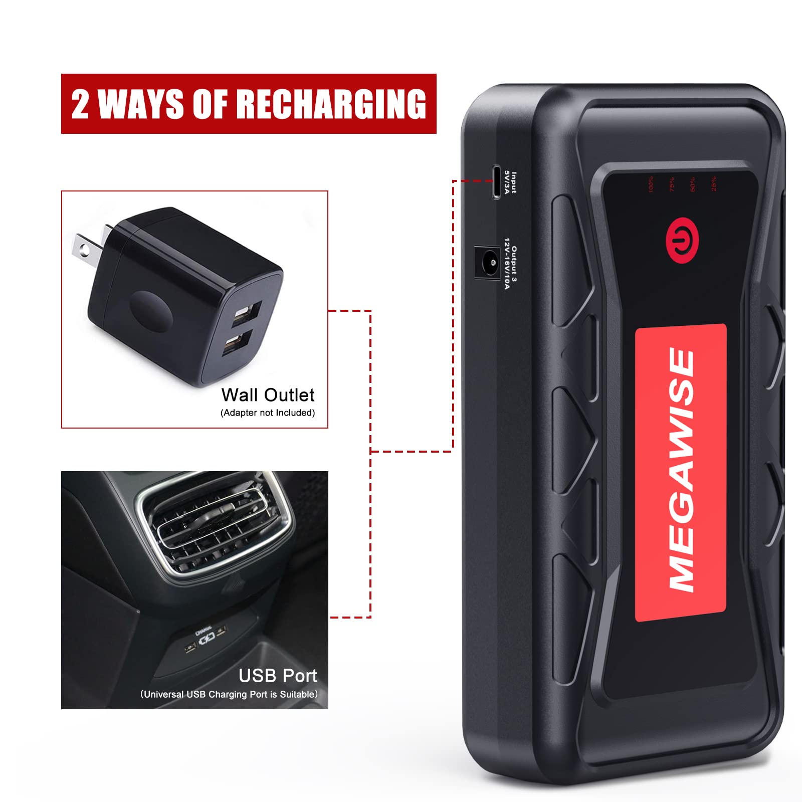 Megawise 2500A Peak 21800Mah Car Battery Jump Starter (Up To 8.0L Gas/6.5L Diesel Engines) 12V Portable Power Pack Auto Battery