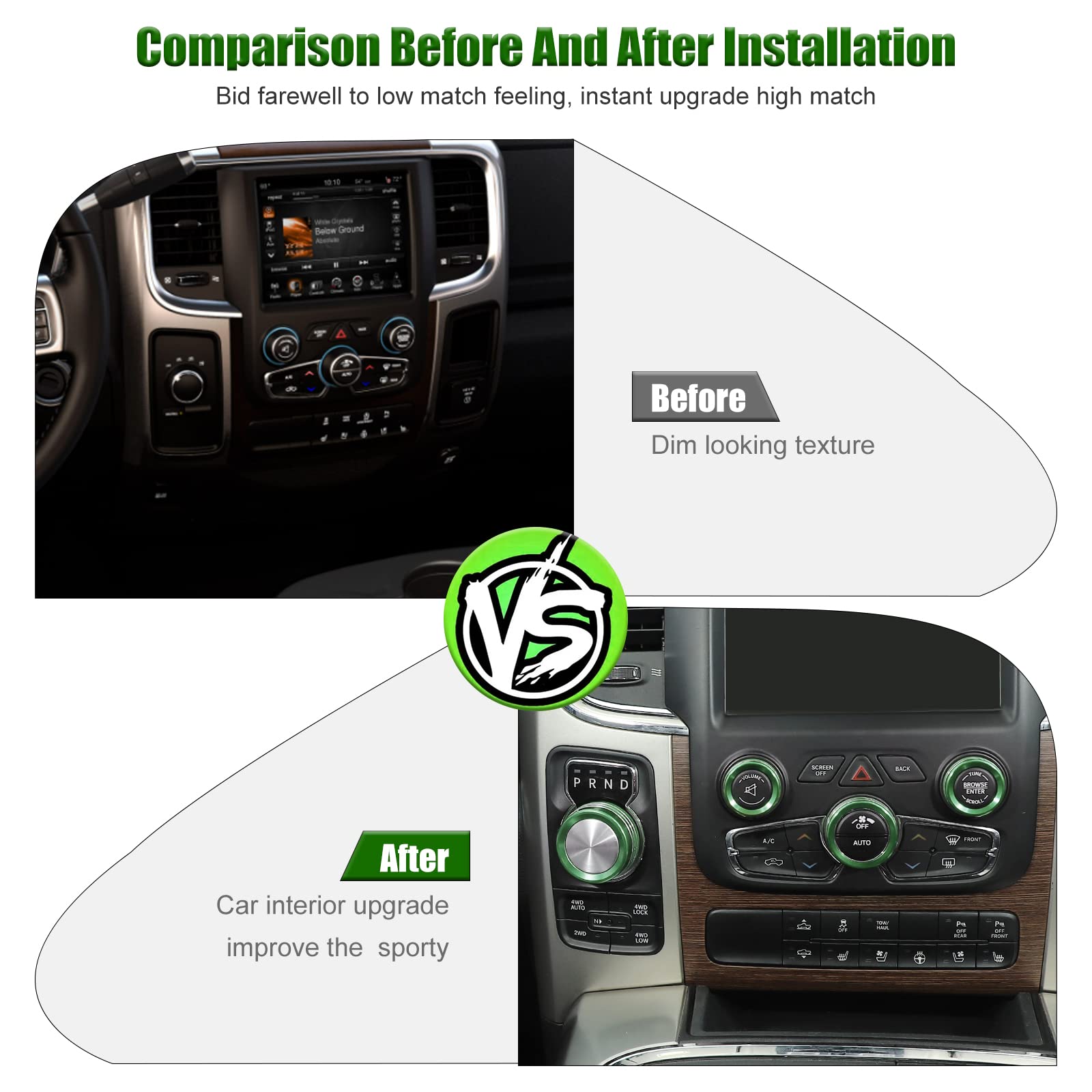 Voodonala for Dodge RAM Air Conditioner Headlight Switch CD Knob Trim for 2013-2017 Dodge RAM Aluminum 5pcs Green