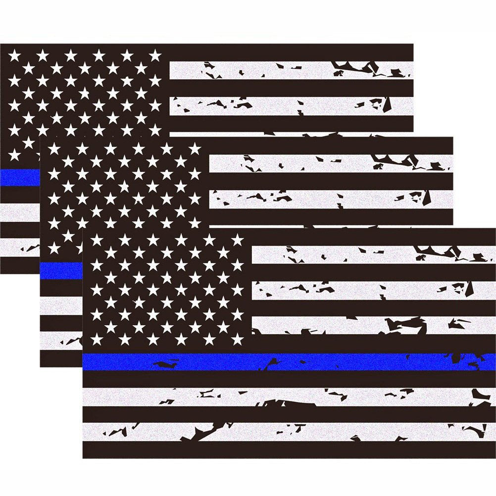 3 Pack Reflective New Tattered Thin Blue Line Us Flag Decal Stickers | Compatible With Cars & Trucks, 5'' X 2.7'' American Usa F