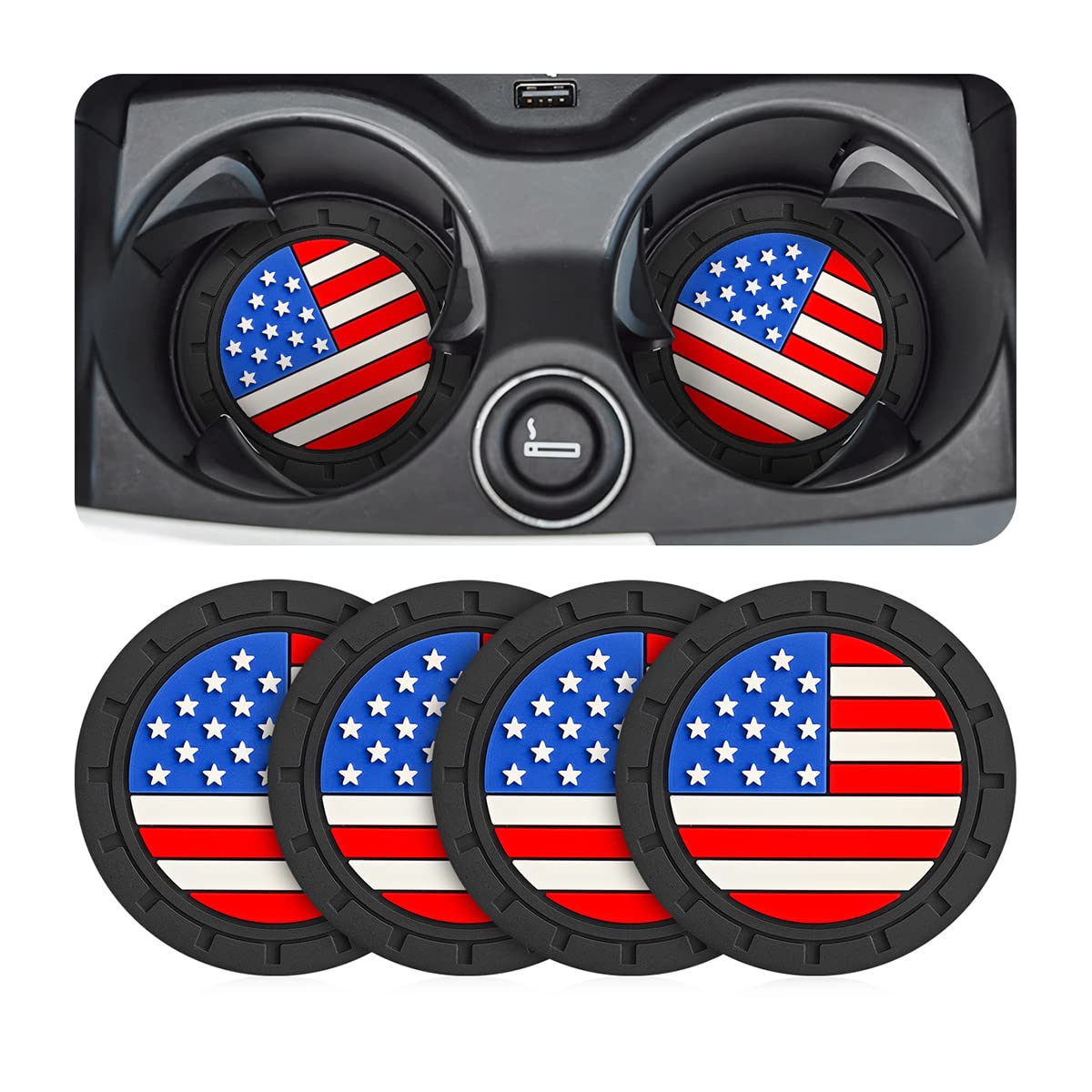 Auceli 4 Pack Car Cup Holder Coasters, Colored American Flag Us Flag Insert Car Cup Coaster, 2.75 Inch Anti Slip Shockproof Embe