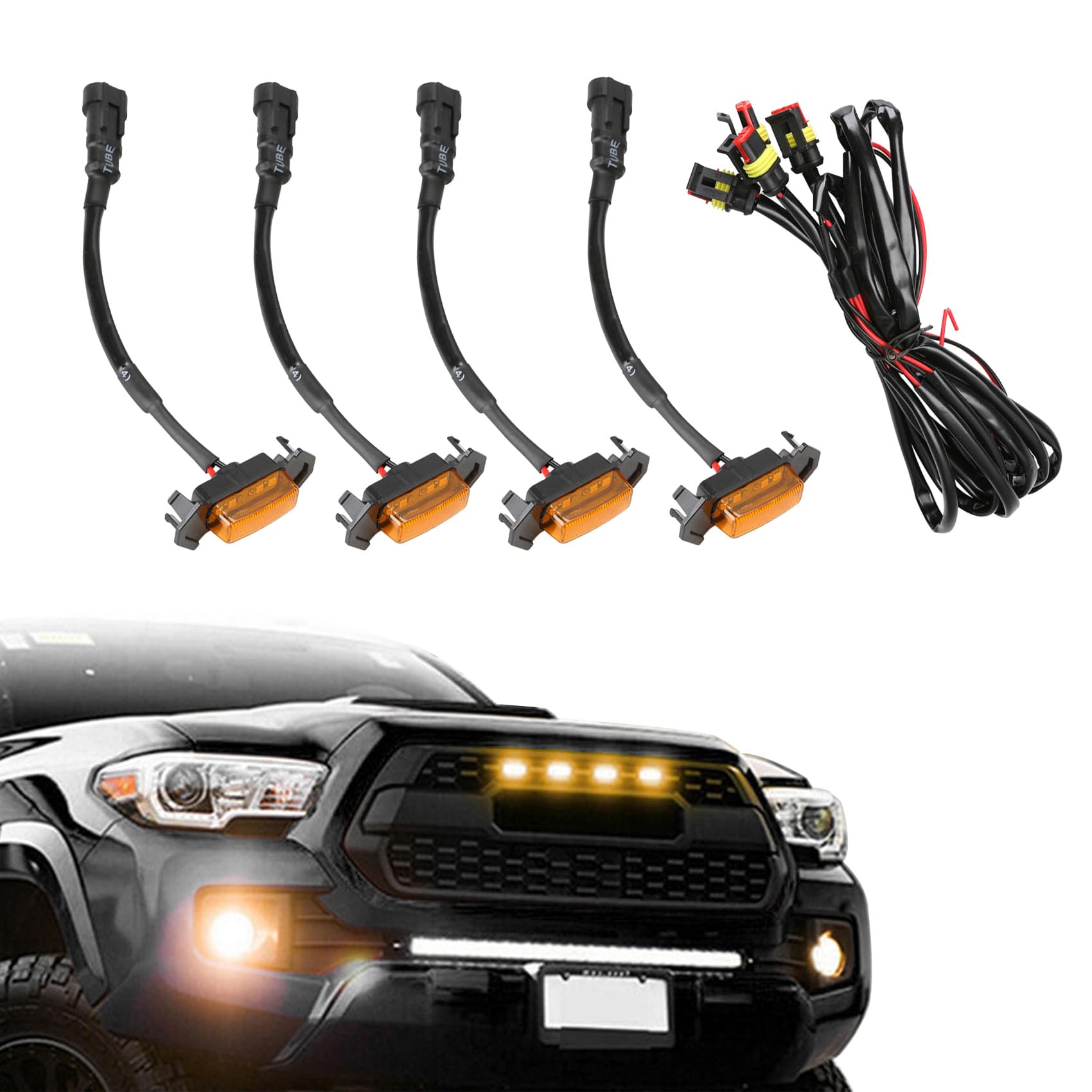 4Pcs Led Amber Lights, Bright Amber Light, Grill Led Lights With Wire Harness, Front Grille Led Lights, Car Accessories Waterpro